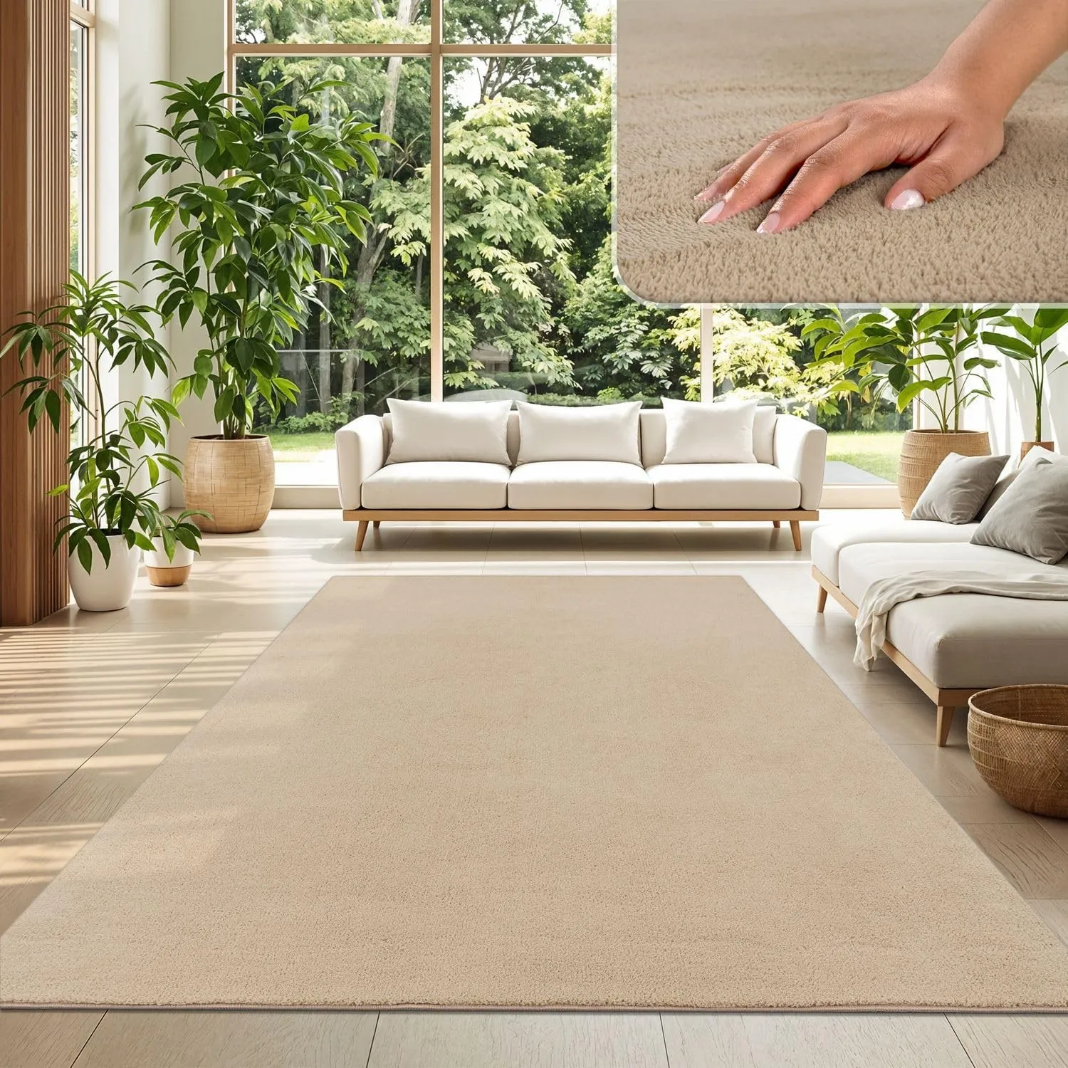 TT Home Teppich Wohnzimmer Dunkelbeige 200x200 cm, Waschbar & Kurzflor