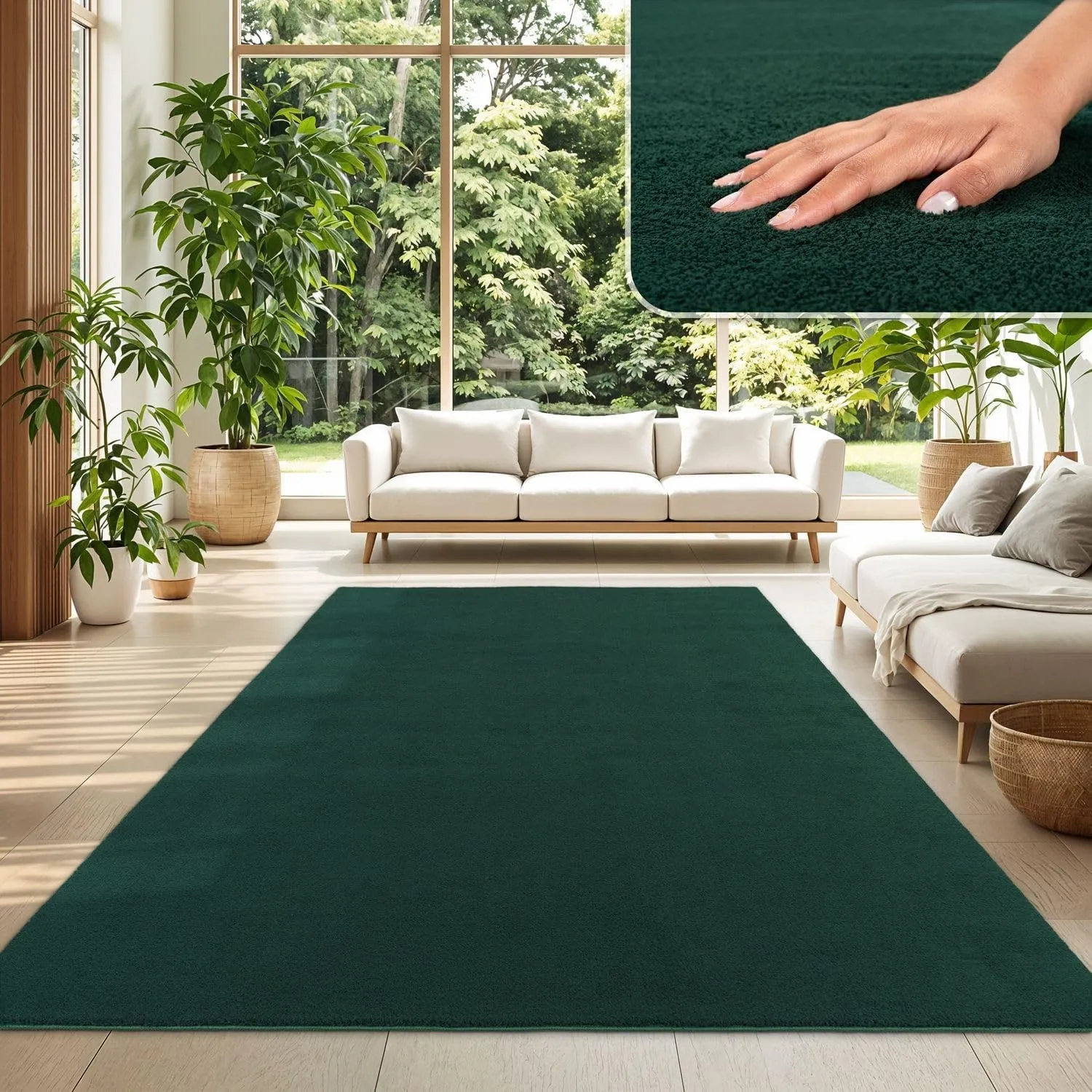 TT Home Teppich Wohnzimmer Grün 200x200 cm, Waschbar & Kurzflor