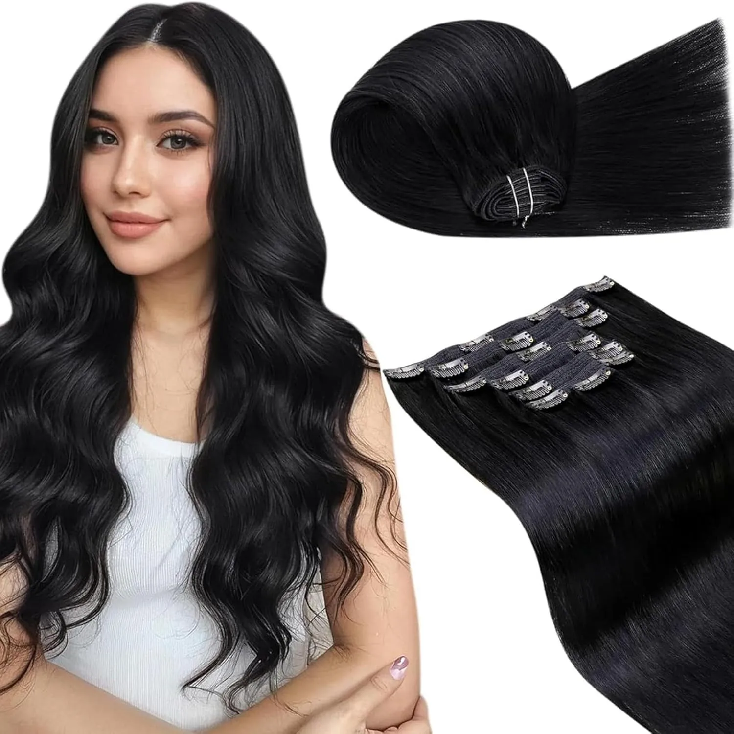 LaaVoo 60cm Clip in Extensions Echthaar 150g Extensions Echthaar Clip Schwarz Remy Clip in Haarverlängerung Echthaar Ex…