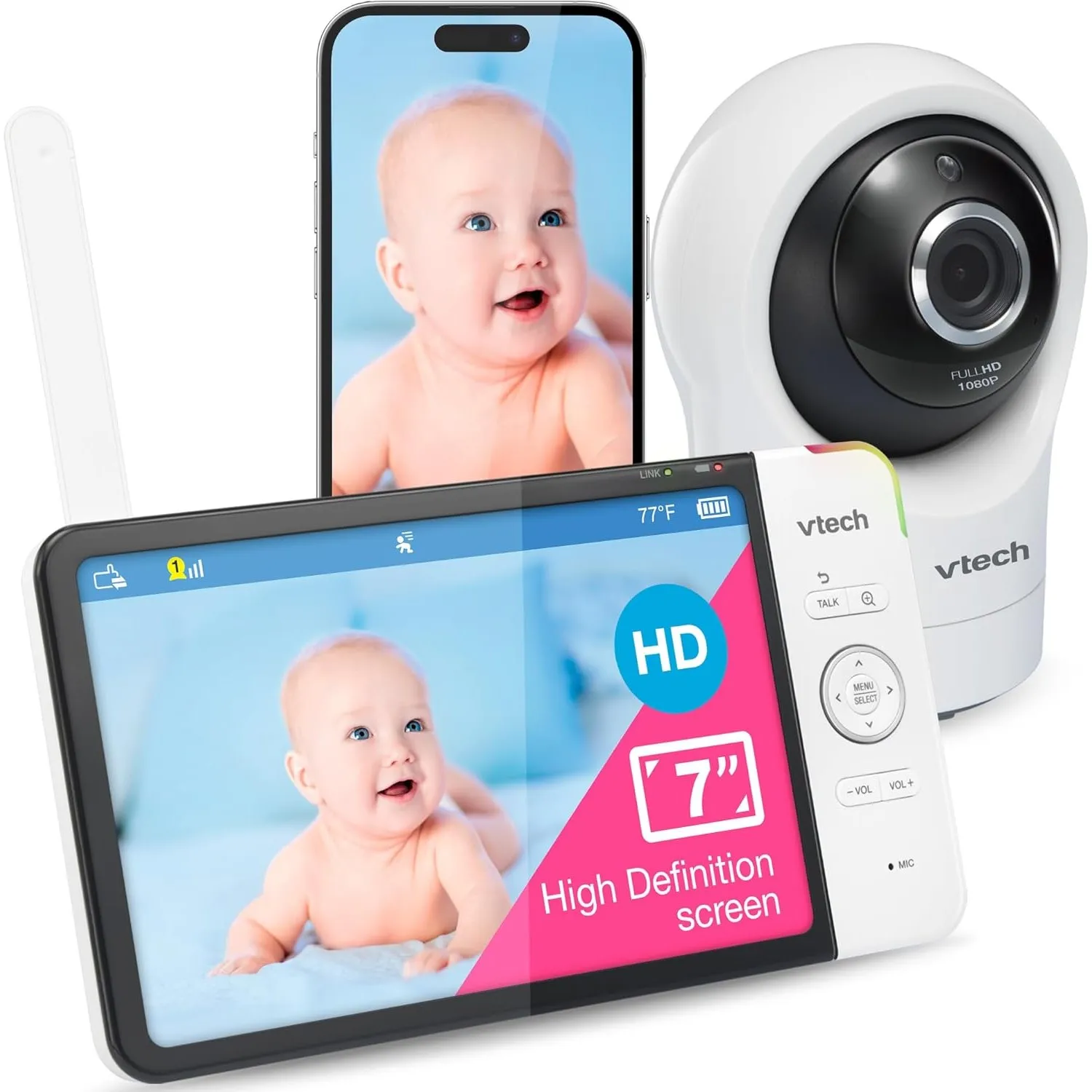 VTech RM7764HD with Camera 1080p WiFi Remote Access, 7 Inch Video, 360° Pan and Tilt, with Camera HD Night Vision 2-Way…
