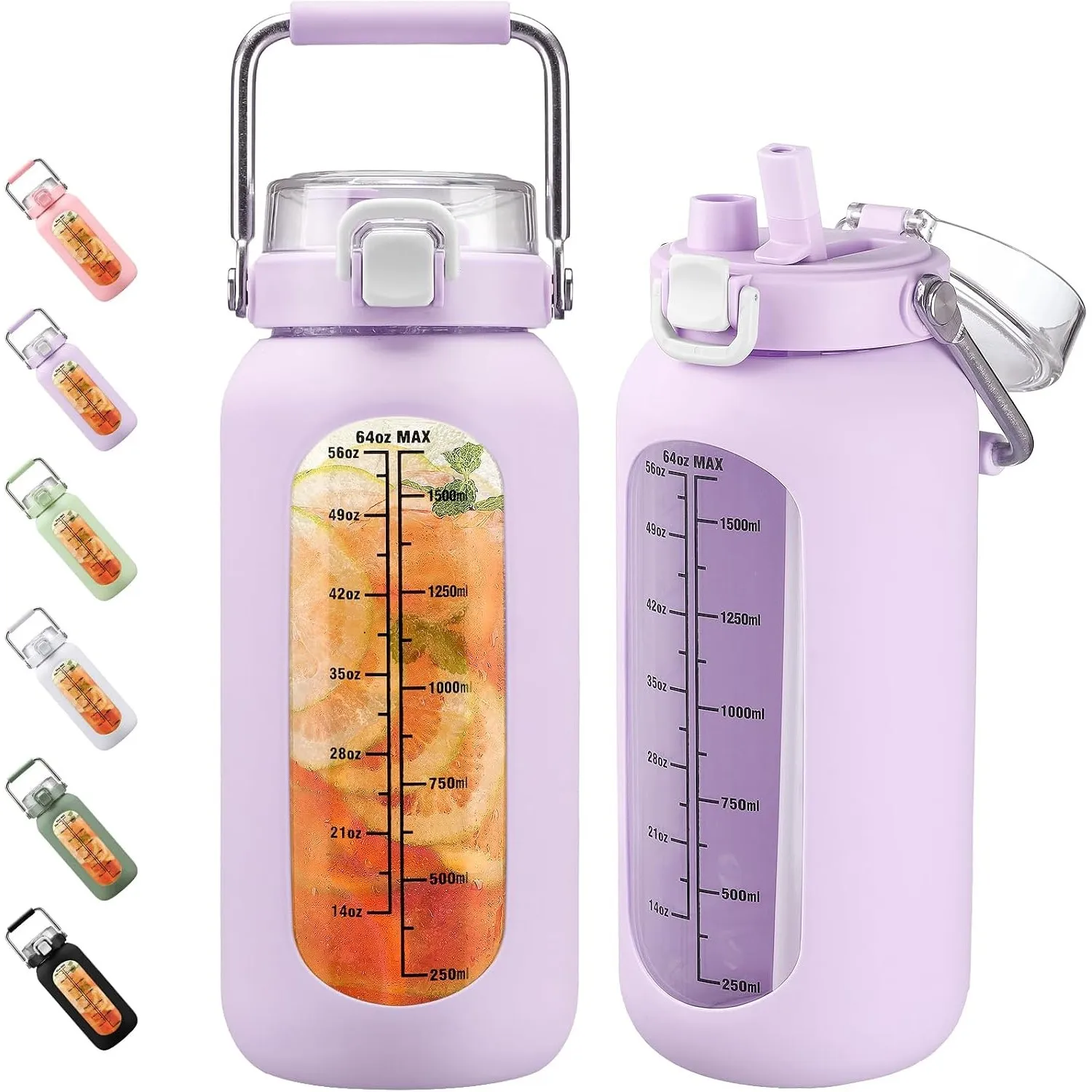 BLUEGO 2000ml Glaswasserflasche mit Edelstahlgriff und Zeitmarkierung 2L Trinkflasche Borosilikatglas mit Silikonhülle …