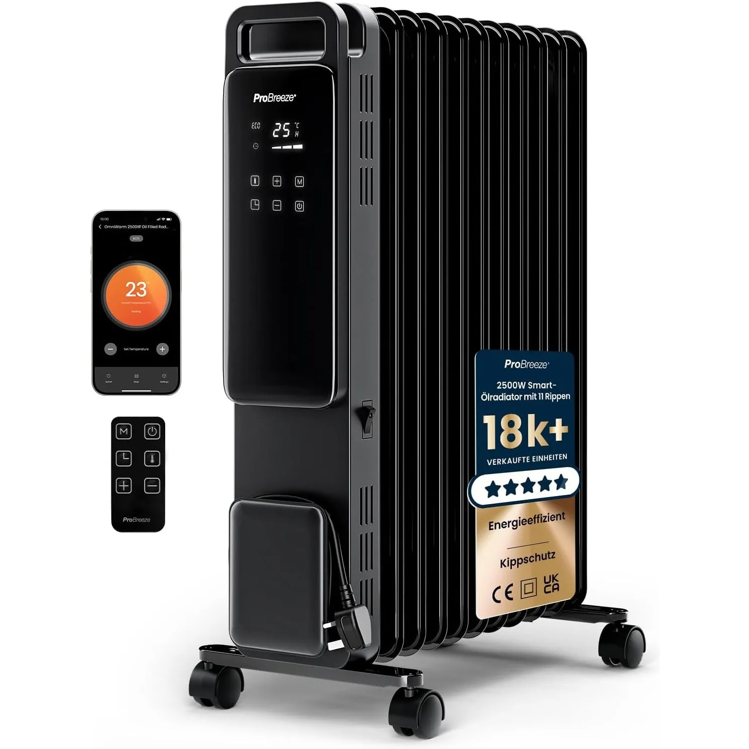 Pro Breeze 2500W Ölradiator mit 11 Lamellen, Smart Heizung elektrisch - Ölradiator energiesparend, 3 Heizstufen, Einste…