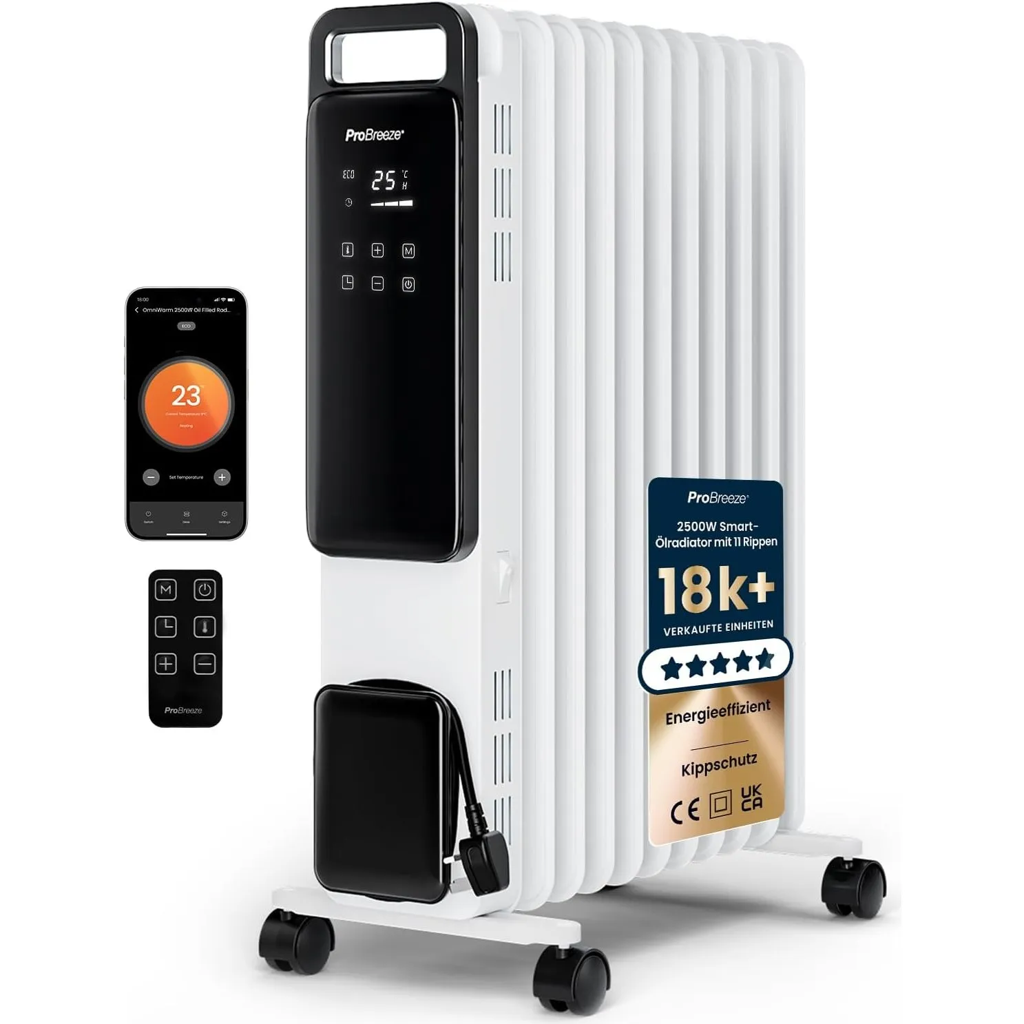 Pro Breeze 2500W Ölradiator mit 11 Lamellen, Smart Heizung elektrisch - Ölradiator energiesparend, 3 Heizstufen, Einste…