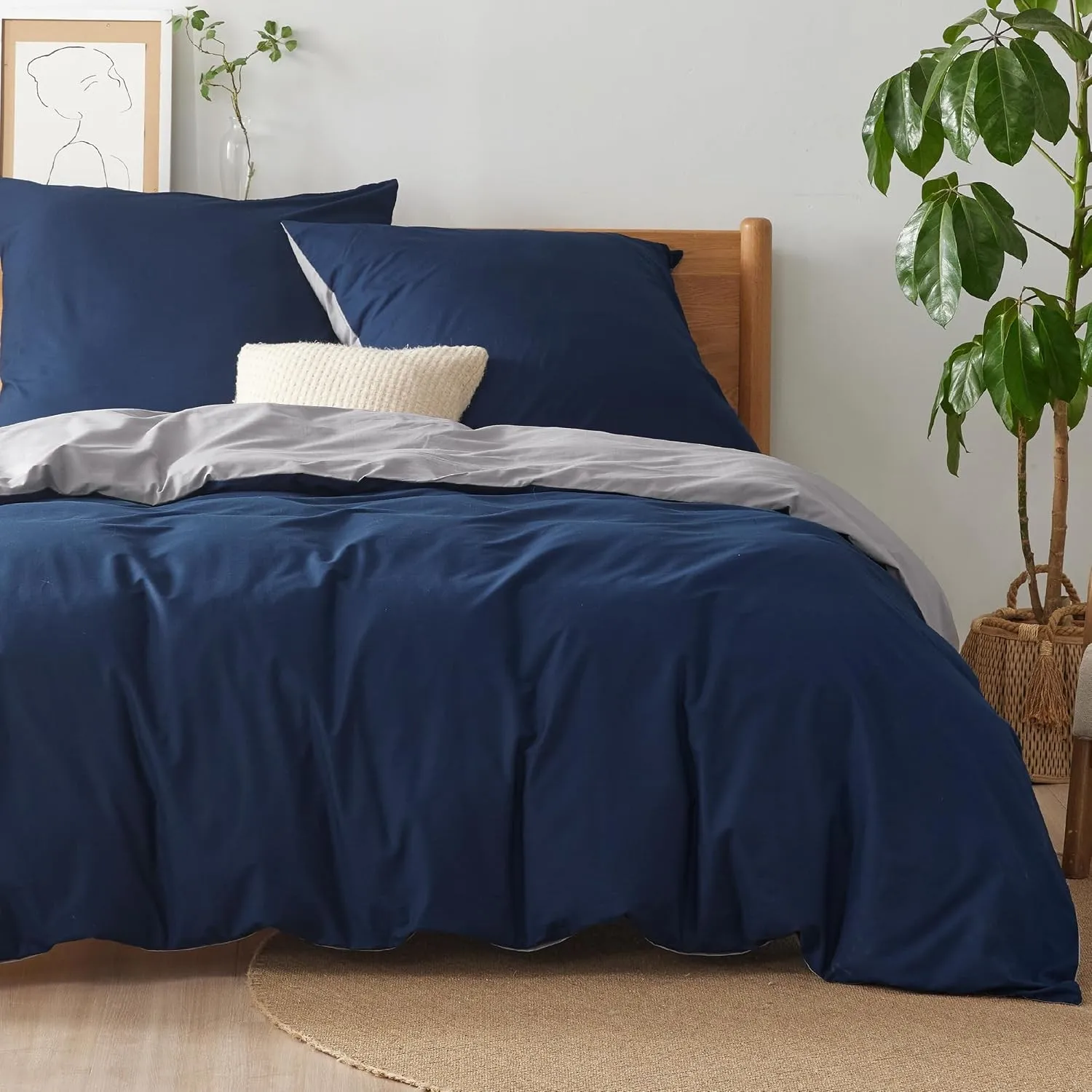 BEDSURE Bettwäsche 200x200 Baumwolle 3tlg. - Blau/Grau Set 2x80x80 Kissen | 100% Baumwolle Bettwäsche-Sets mit Reißvers…