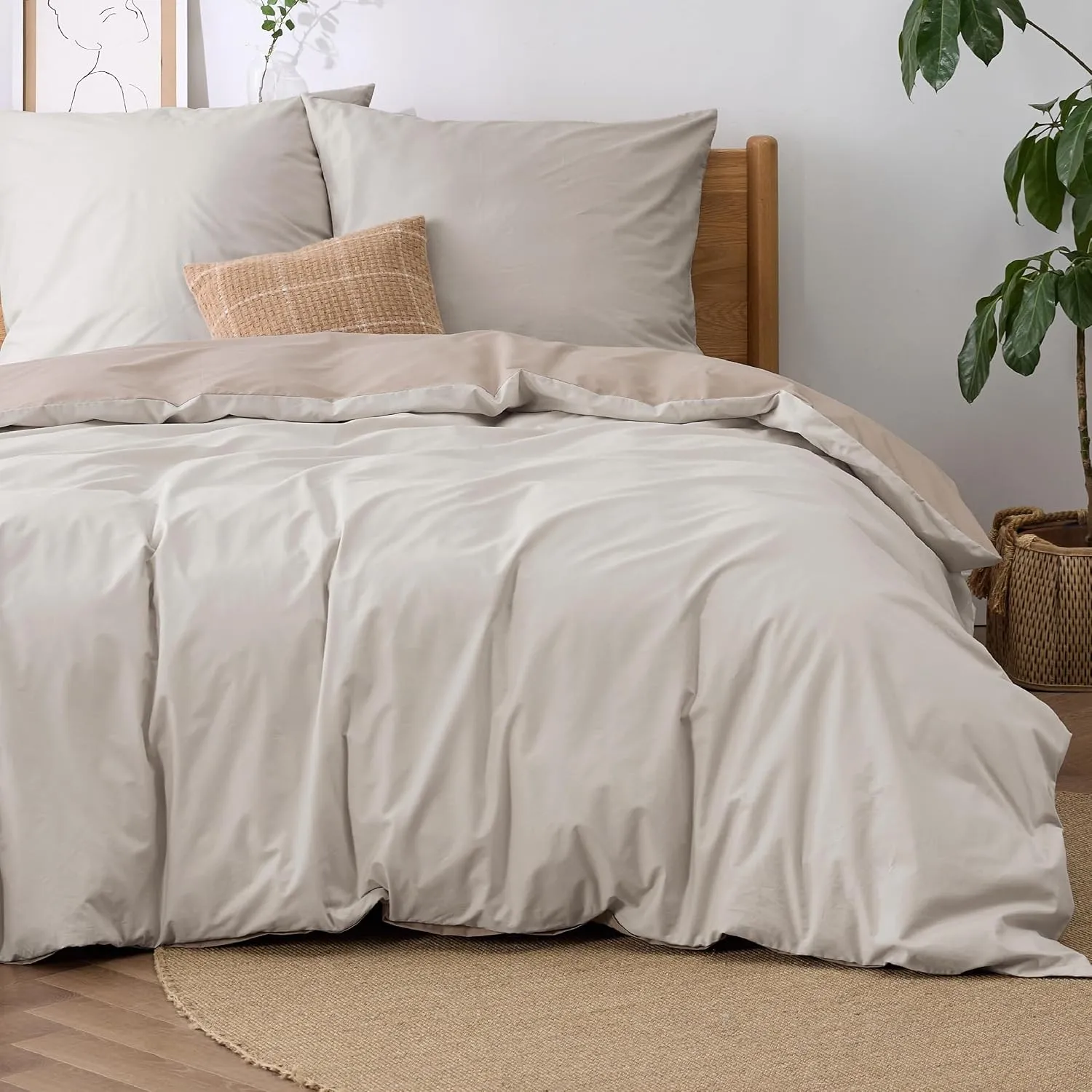 BEDSURE Bettwäsche 155x220 Baumwolle 3tlg. - Beige/Taupe Set 2x80x80 Kissen