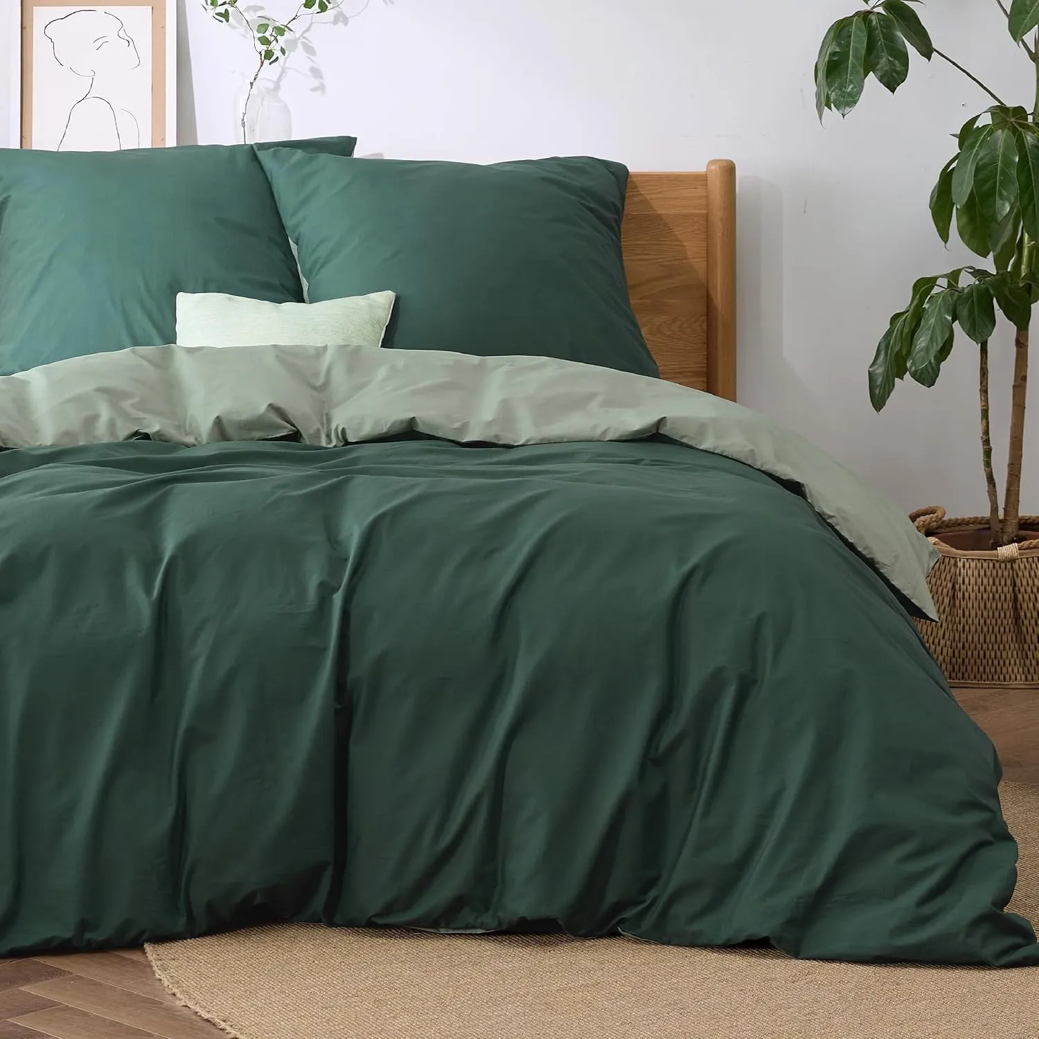 BEDSURE Bettwäsche 155x220 Baumwolle 3tlg. - Salbeigrün Set 2x80x80 Kissen