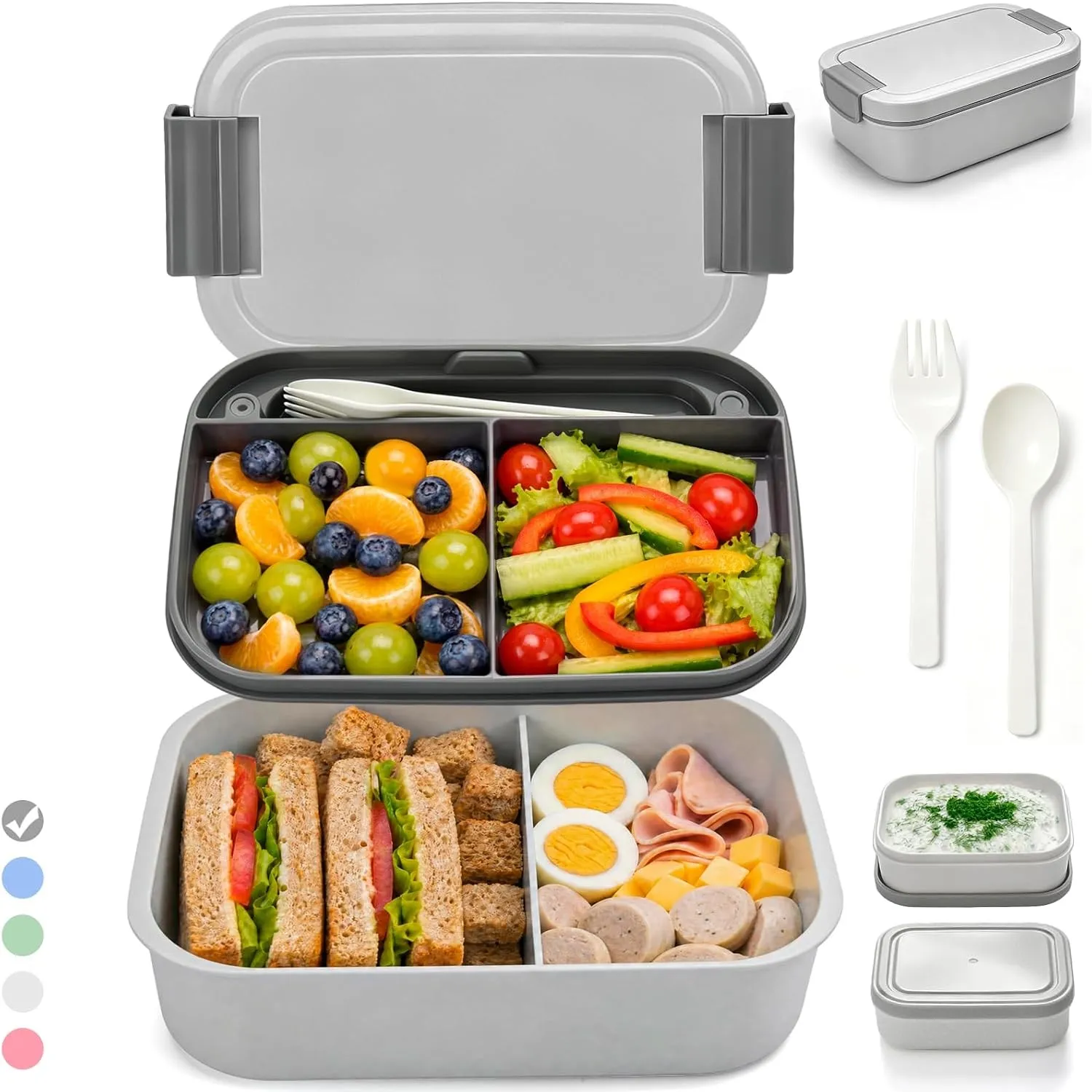 BIBURY Brotdose mit Fächern Erwachsene 1600 ML, Auslaufsicher, BPA-Frei, Lunchbox Erwachsene mit Besteck und 2 Saucenbo…