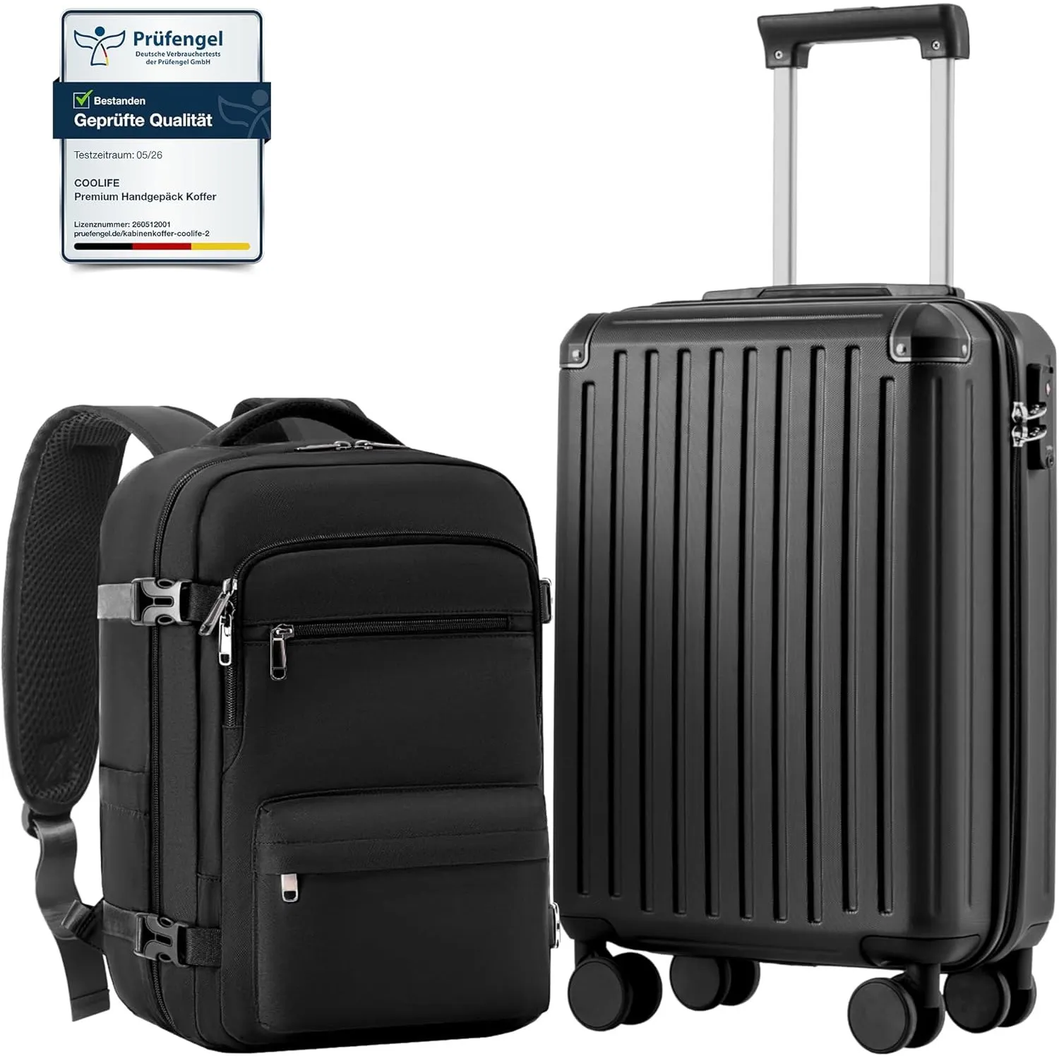 COOLIFE Ryanair Kabinenkoffer-Set 2tlg - 55x35x20+40x30x20 cm EasyJet TSA | PC+ABS Handgepäck Koffer, 4 Doppelrollen, H…
