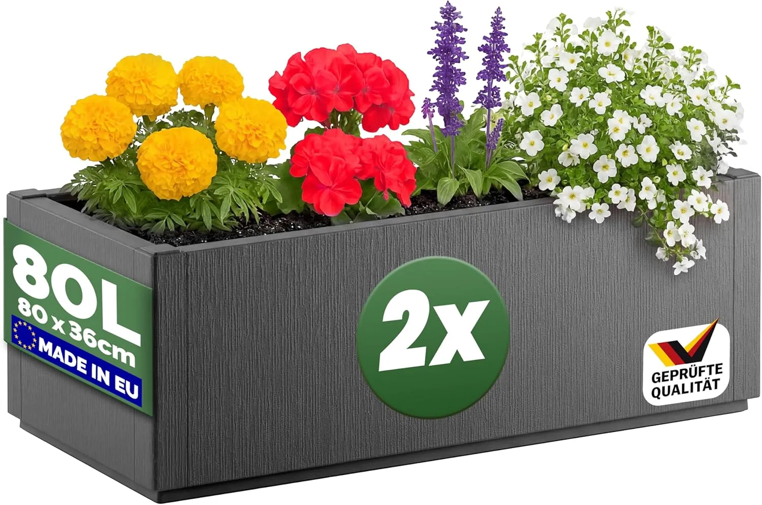 Casaria® 2X Blumenkasten 'Ethica' 80L 80x36x35cm Ablaufboden Kunststoff Winterfest Garten Pflanzkübel Übertopf Pflanzka…