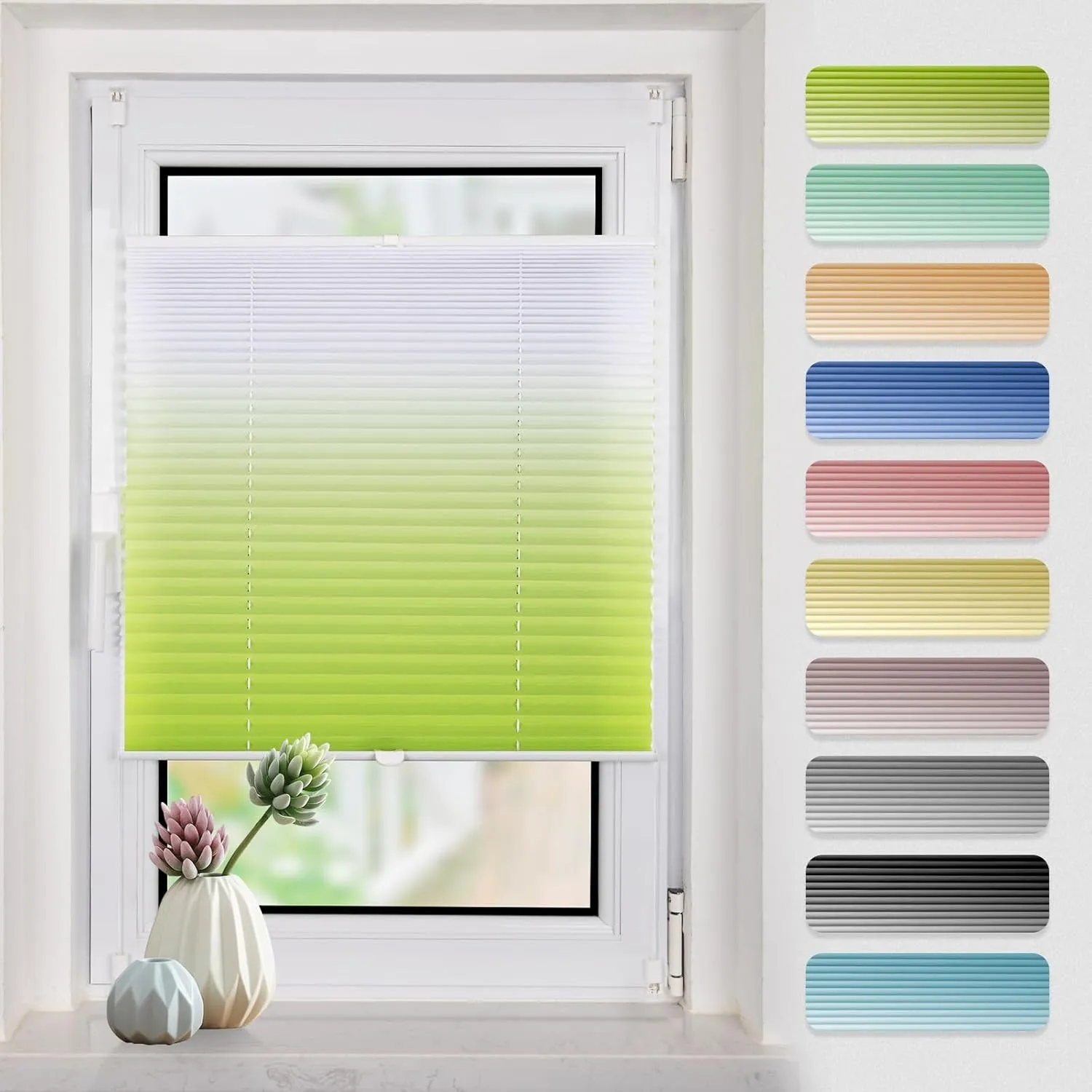 Plissee Farbverlauf 90x110cm(BxH) Grün-Weiß plissees klemmfix ohne Bohen Blickdicht Faltrollo Lichtdurchlässig Rollos f…