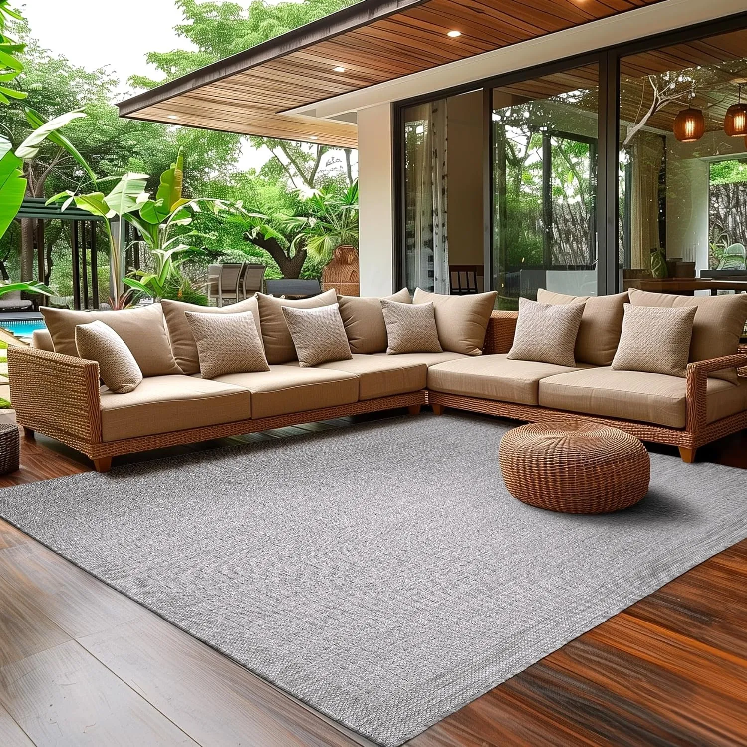 SIMPEX In- & Outdoor Teppich Wetterfest 140 x 200 cm Einfarbig Grau - Waschbar, Wasserfest, Pflegeleicht und Flachgeweb…