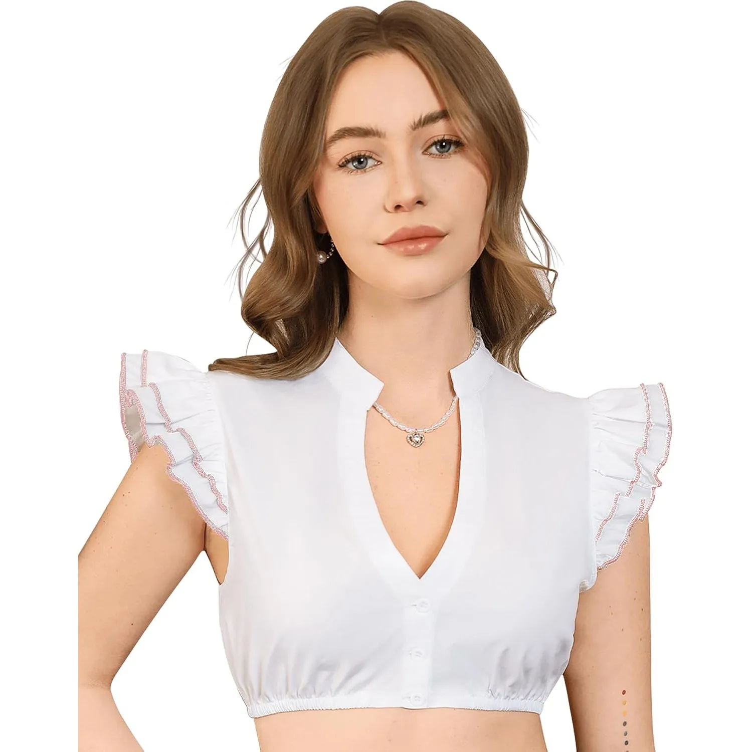 Funspread Dirndl Bluse Damen Weiß - Dirndlbluse Kurzarm DirndlBlusen V Ausschnitt Trachtenbluse