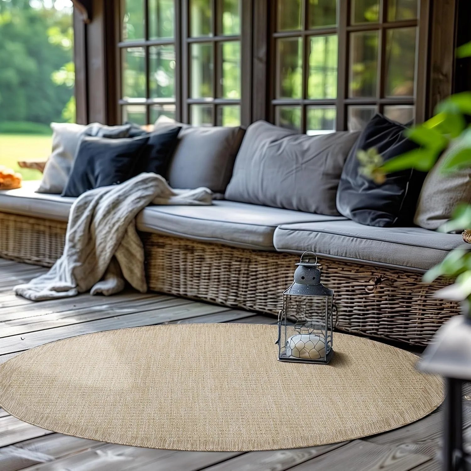 SIMPEX In- & Outdoor Teppich Wetterfest 160 cm Rund Einfarbig Beige - Waschbar, Wasserfest, Pflegeleicht und Flachgeweb…