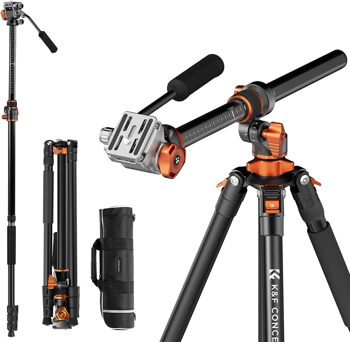 Kamera Stativ,K&F CONCEPT Videostativ Video Tripod mit Fluidkopf,231cm Stativ mit 90° Mittelsäule und Abnehmbarem Einbe…
