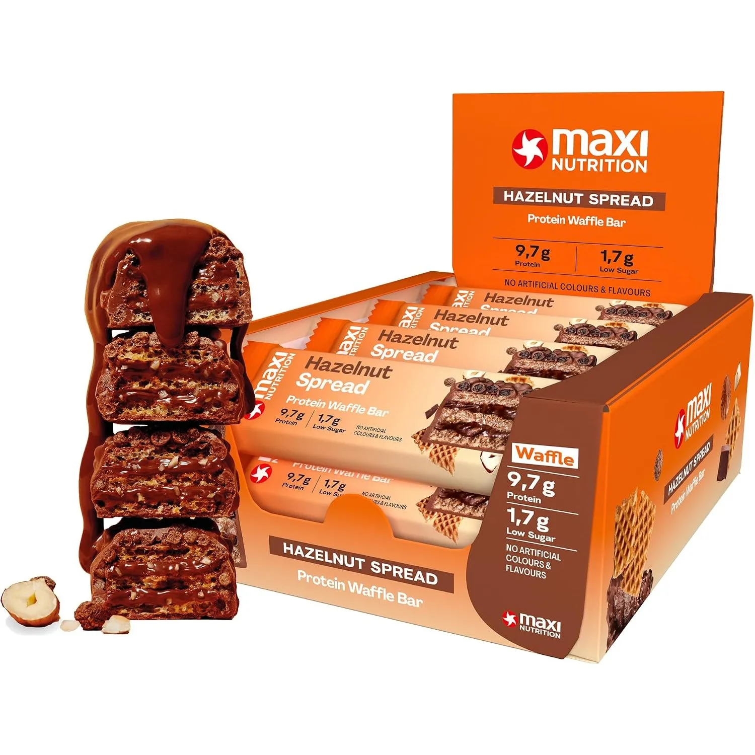MaxiNutrition Hazelnut Spread Protein Waffle Bar, 25% Eiweiß, 202 kcal, (12 Eiweißriegel x 39g), Ohne Zuckerzusatz