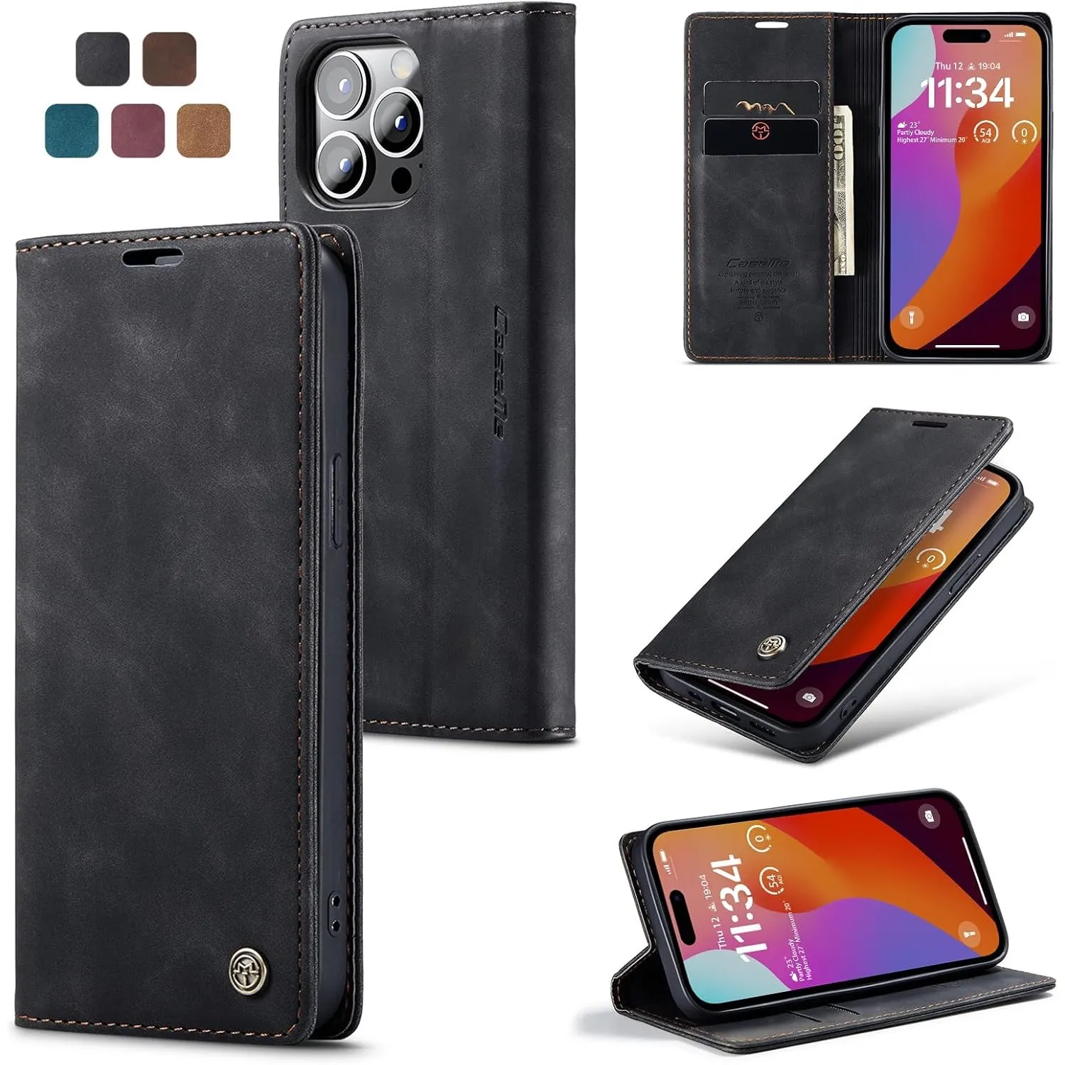 Handyhülle für iPhone 15 Pro Hülle, Premium Lederhülle Weiches Vintage-Nubukleder Faltbare Ständer Klapphülle Kartenfac…