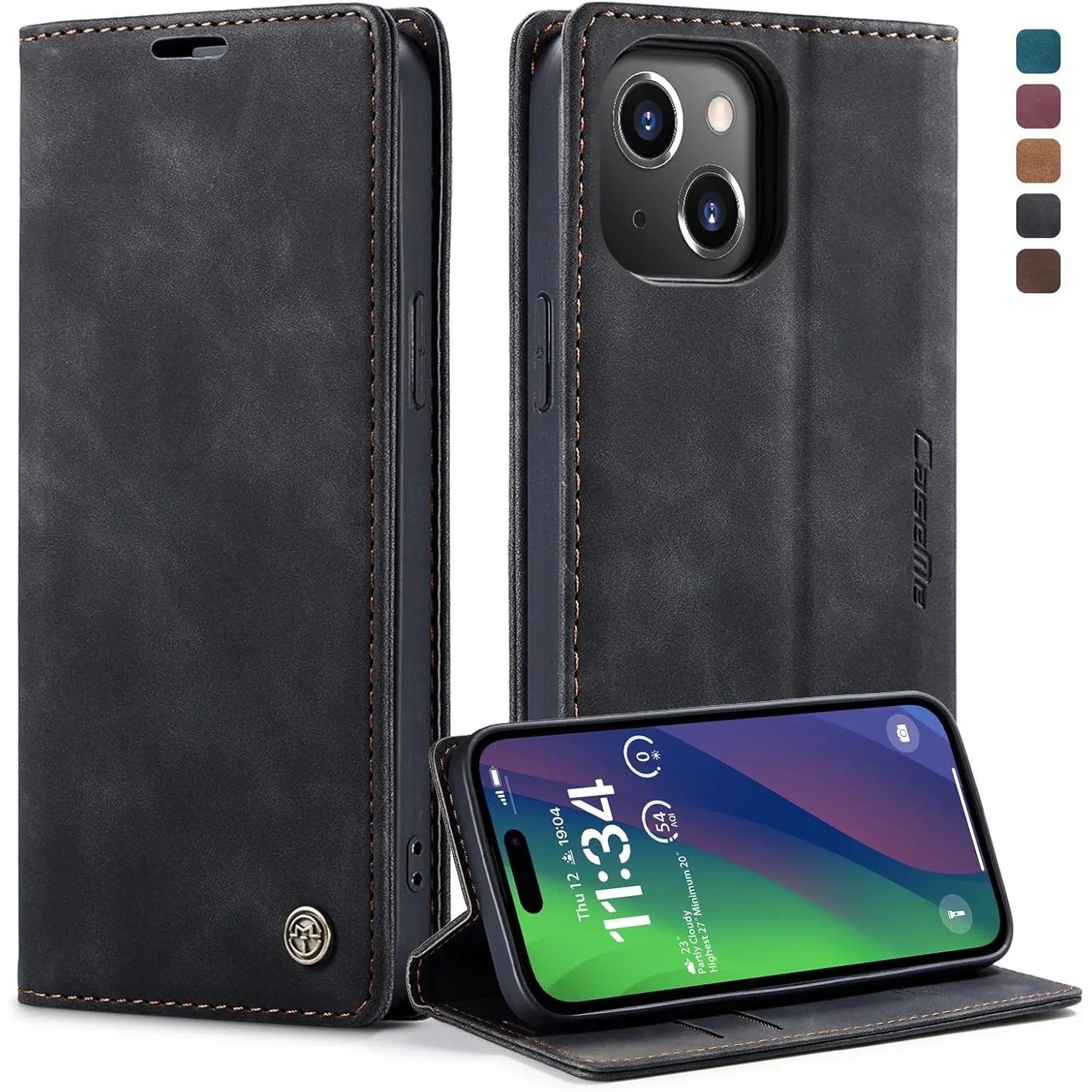 Handyhülle für iPhone 15 Hülle, Premium Lederhülle Weiches Vintage-Nubukleder Faltbare Ständer Klapphülle Kartenfach St…