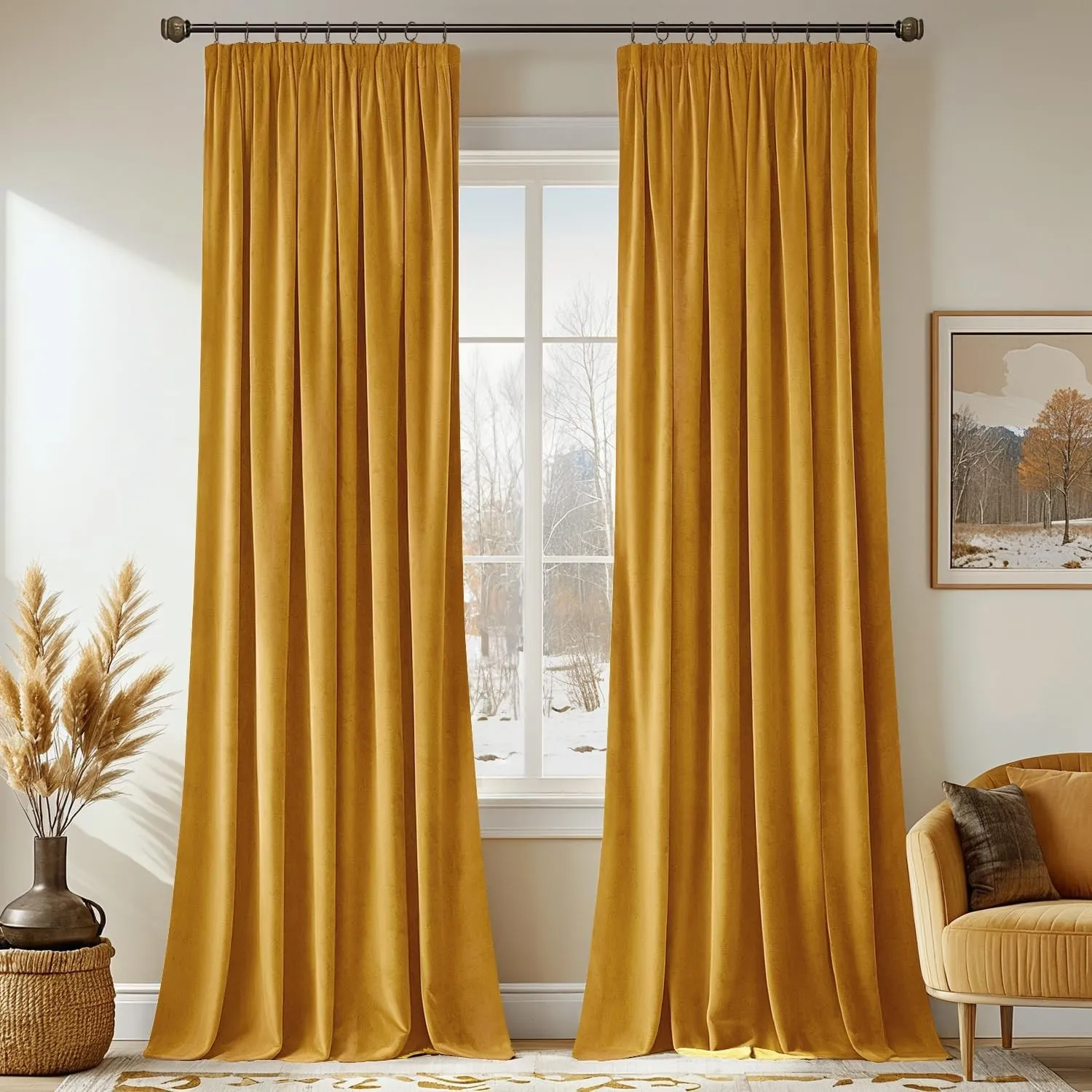MIULEE Samtvorhang Kräuselband Blickdicht 2er Set Senfgelb 140x245cm | Samtvorhang schwer blickdicht, thermische Isolie…