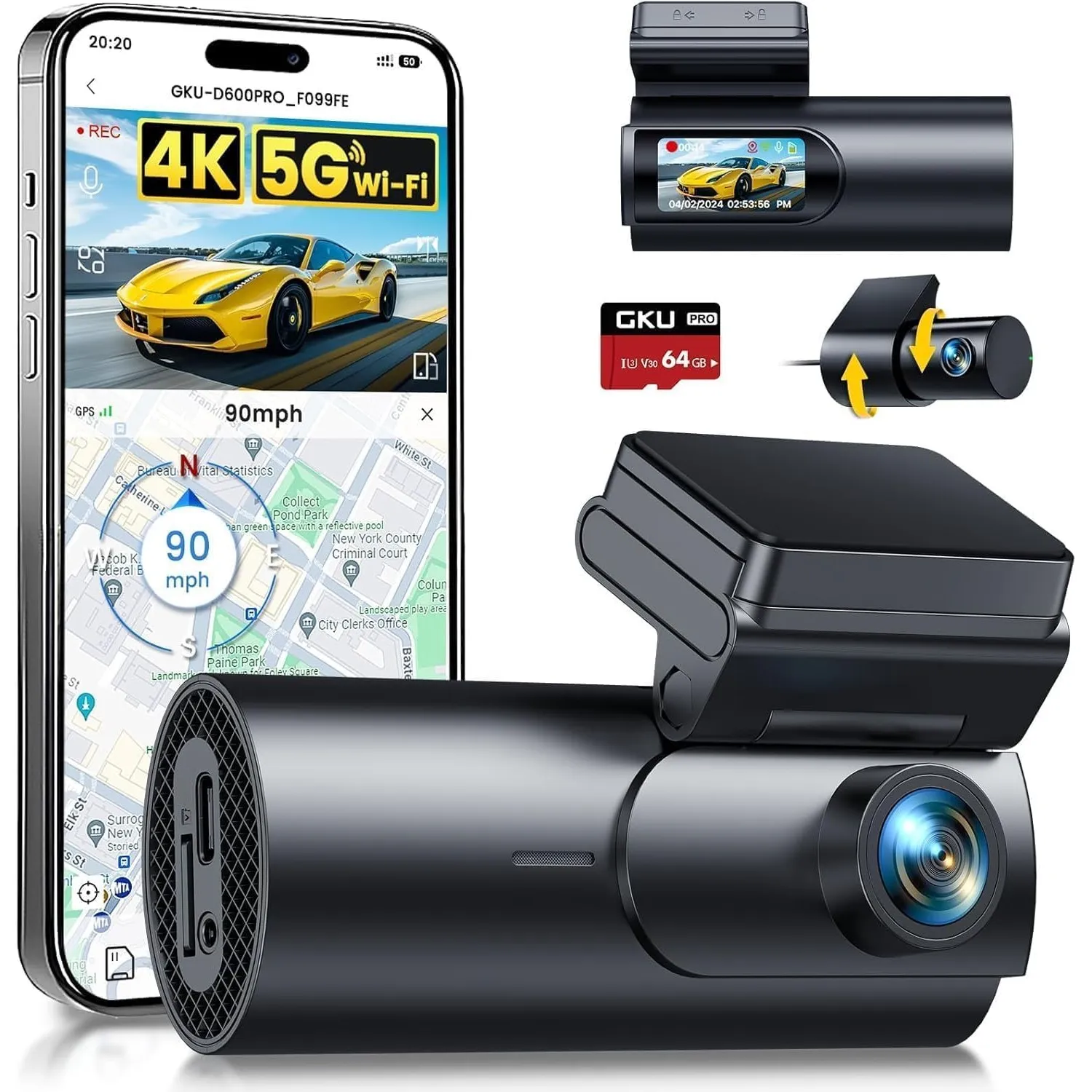 GKU 4K Dashcam Auto Vorne Hinten, 5GHz WiFi GPS, Dash Cam mit 64GB SD Karte