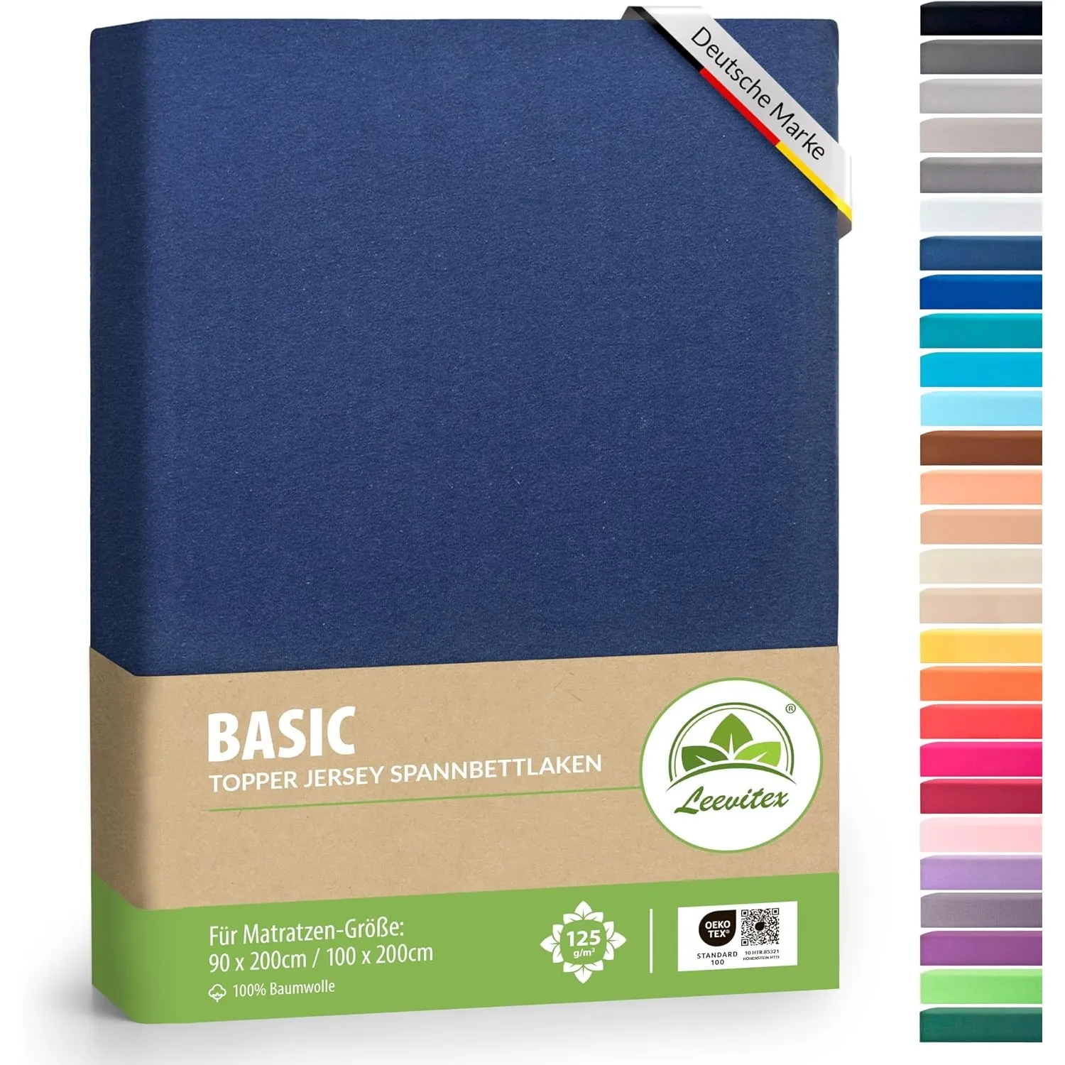 leevitex Topper Boxspringbett Spannbettlaken | 100% Baumwolle | Ökotex | 125 g/m² | 90x200cm - 100x200cm | Navyblau/Mar…