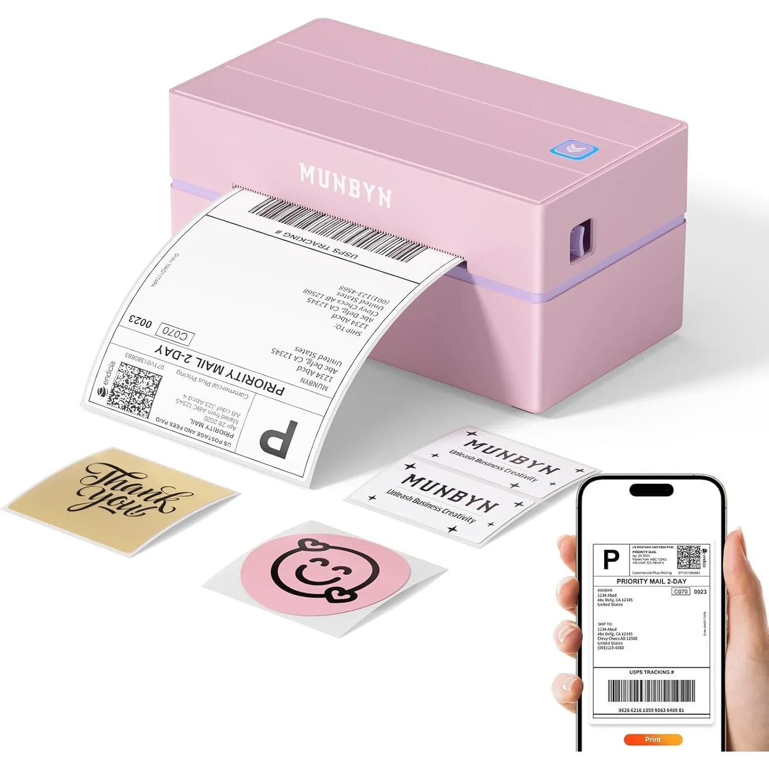 MUNBYN DHL Etikettendrucker Bluetooth, Label Printer ITPP130B Rosa