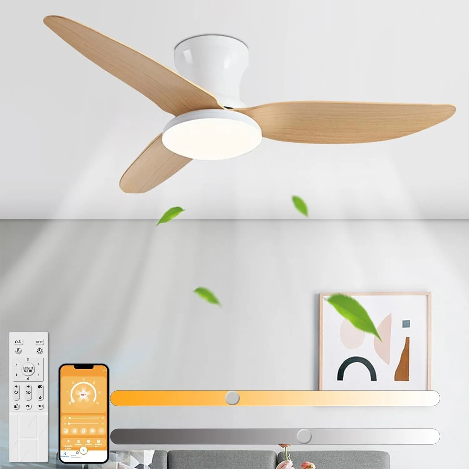 Deckenventilator mit Beleuchtung und Fernbedienung APP-Kontrolle Leise 30W LED Deckenleuchte Dimmbare Lampe 3 Farbtempe…