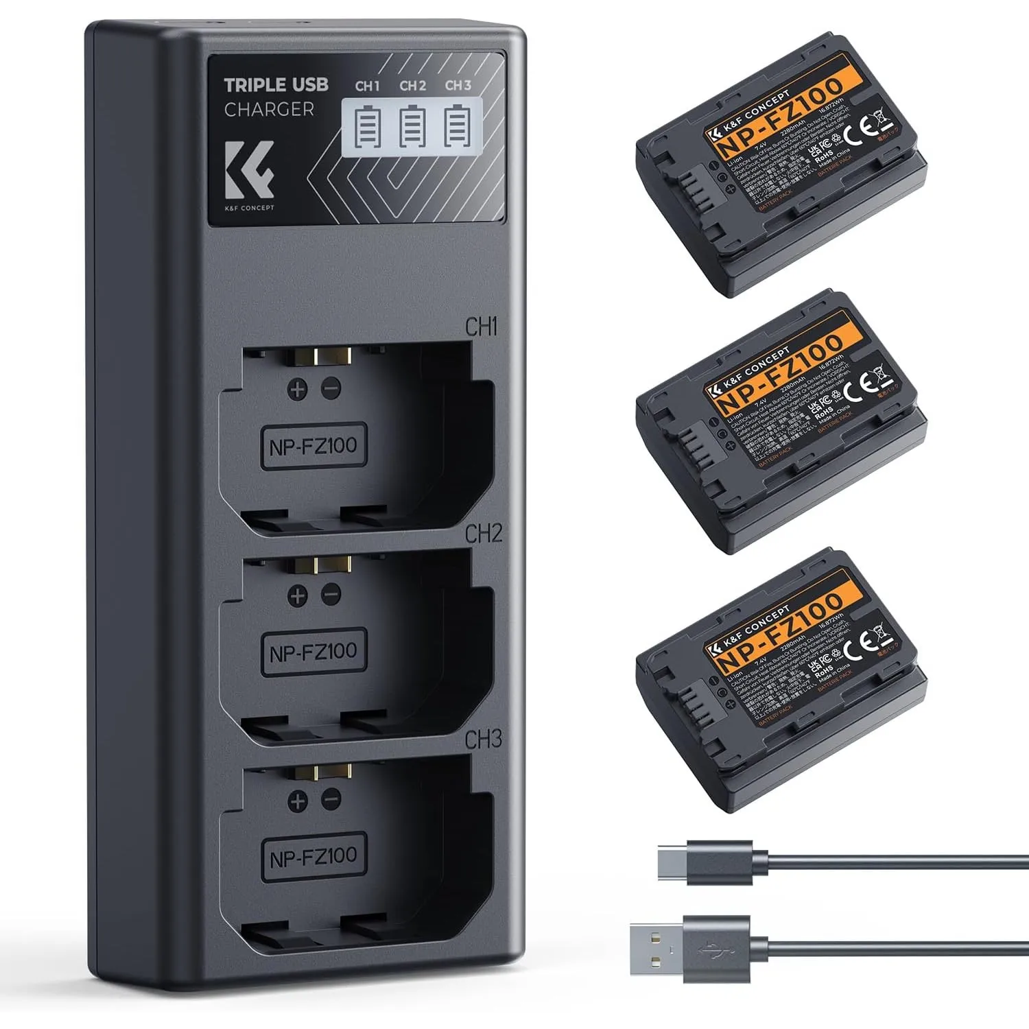 K&F CONCEPT NP-FZ100 Kamera Akkus(3er Pack) mit 3-Slot Ladegerät,2280mAh Batterie für Sony Alpha A7III,A7IV,A7R III/A7R…