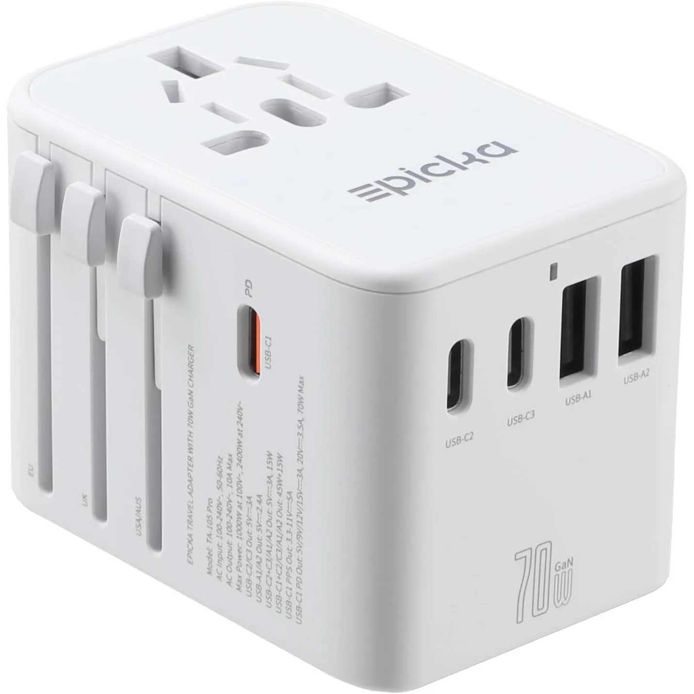 EPICKA GaN Reiseadapter Weltweit 70W PD Charge mit 3-USB C und 2-USB-A