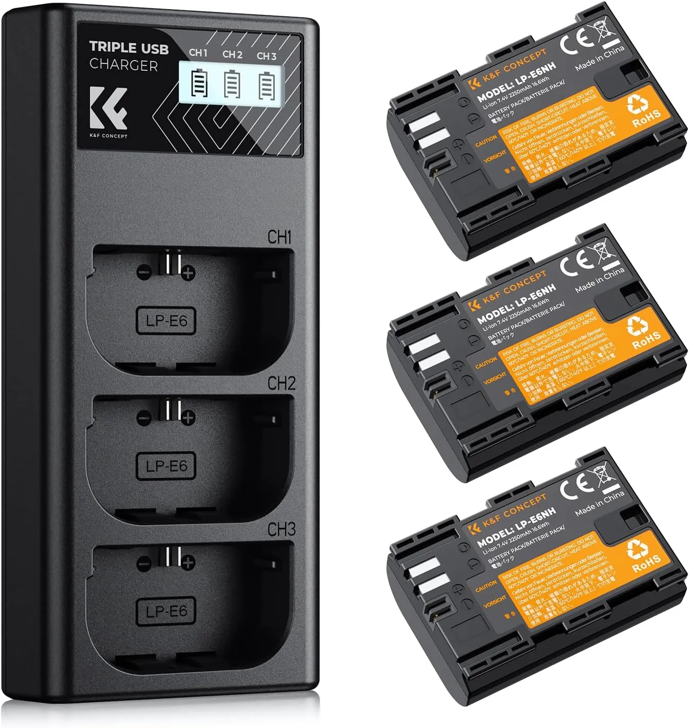 K&F CONCEPT LP-E6NH Akku,2250mAh (3er Pack) und 3-Slot Ladegerät Akku-Kit,Kompatibel mit Canon EOS R7 R5 EOS R6 EOS R 5…