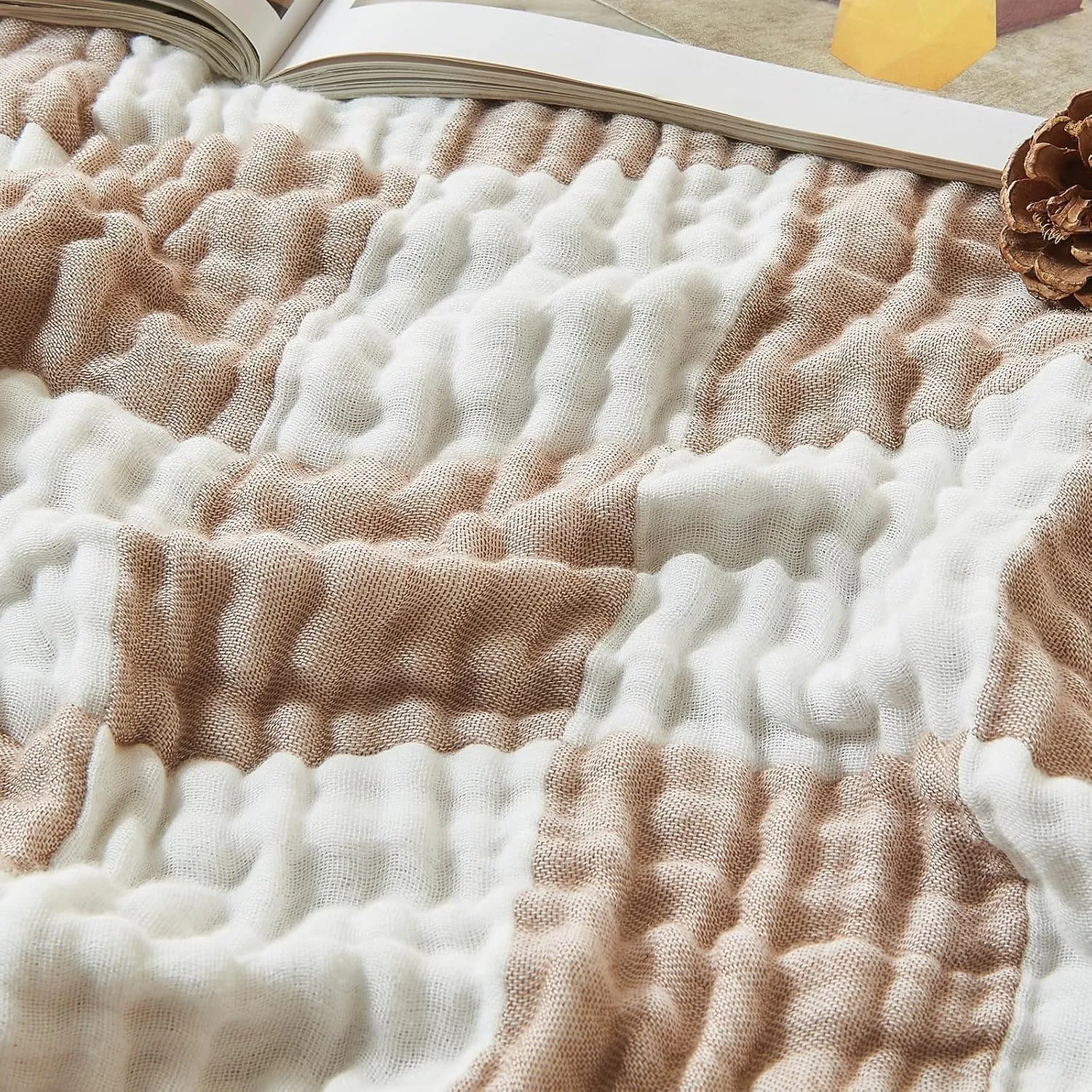 EMME Muslin Blanket, Checked, Made of 70% Cotton, 30% Bamboo, Summer Blanket, Breathable, Soft, Lightweight, Pre-Washed…