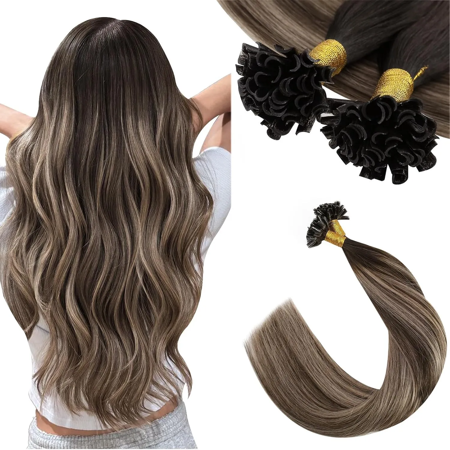 Ugeat Bondings Extensions Echthaar Balayage Braun 55 cm 50G 50S #4/18/4