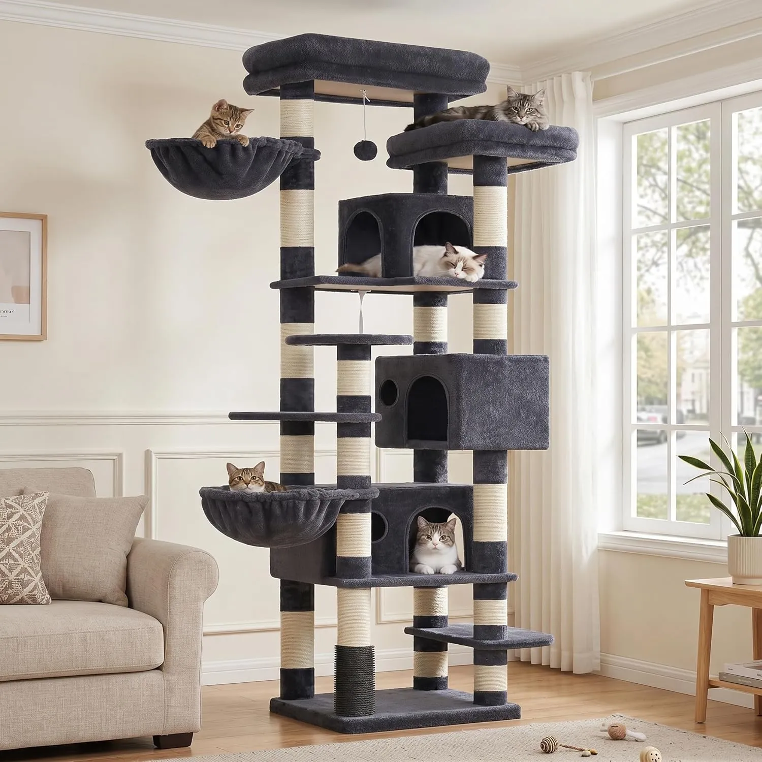 Hey-brother MPJ035-MG Cat Scratching Post, 188 cm XXL Climbing Tree with 2 Large Platforms, 3 Caves, 2 Baskets, Plush B…
