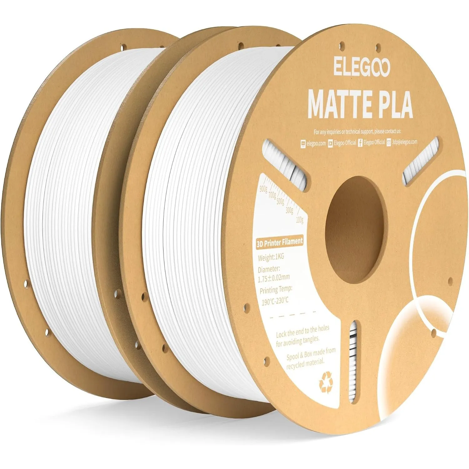 ELEGOO Matte PLA Filament 1.75mm Weiß 2KG, 3D Drucker Filament PLA