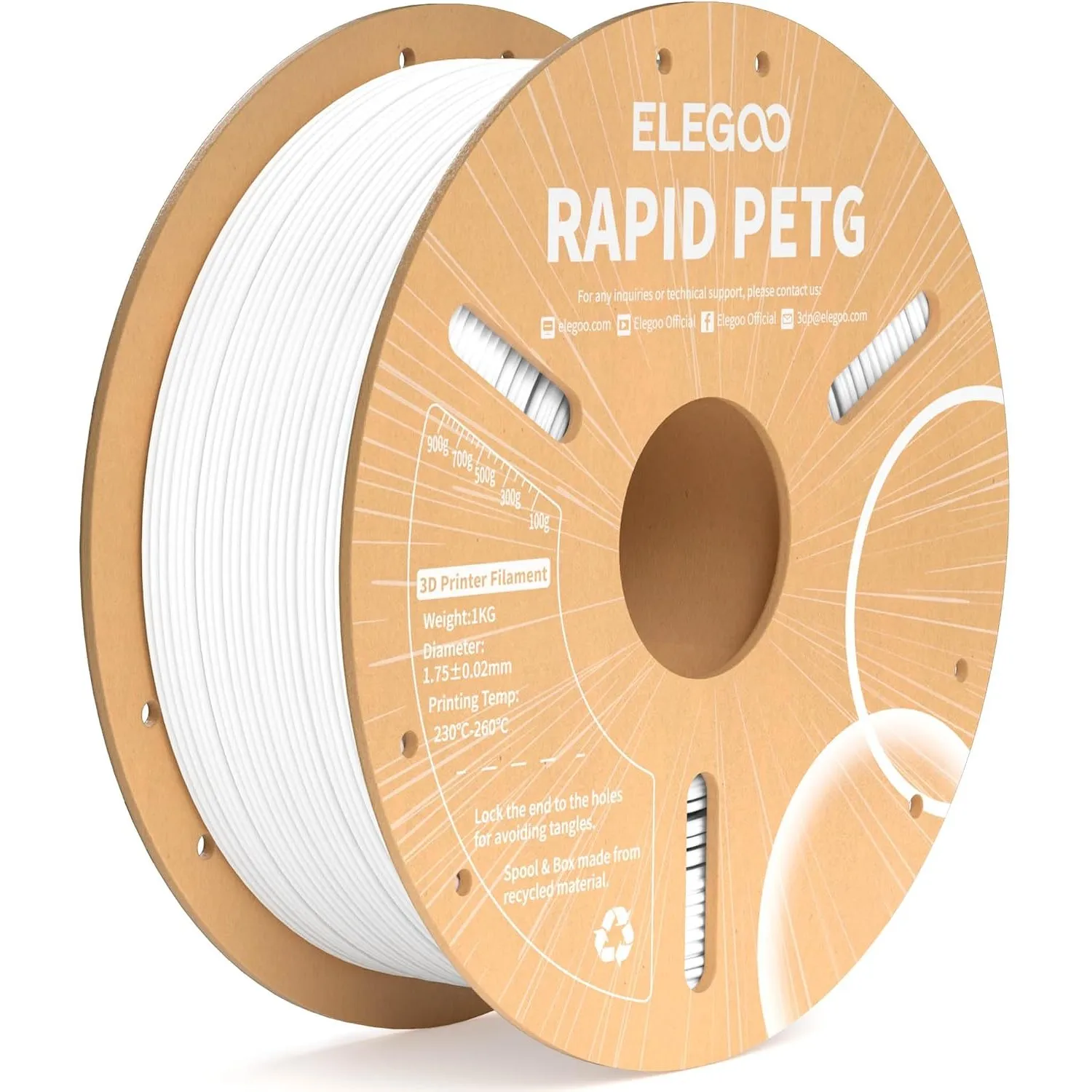 ELEGOO Rapid PETG Filament 1.75mm Weiß 1 KG, High Speed 600mm/s 3D Drucker Filament Maßgenauigkeit +/- 0.02 mm, 1kg Pap…