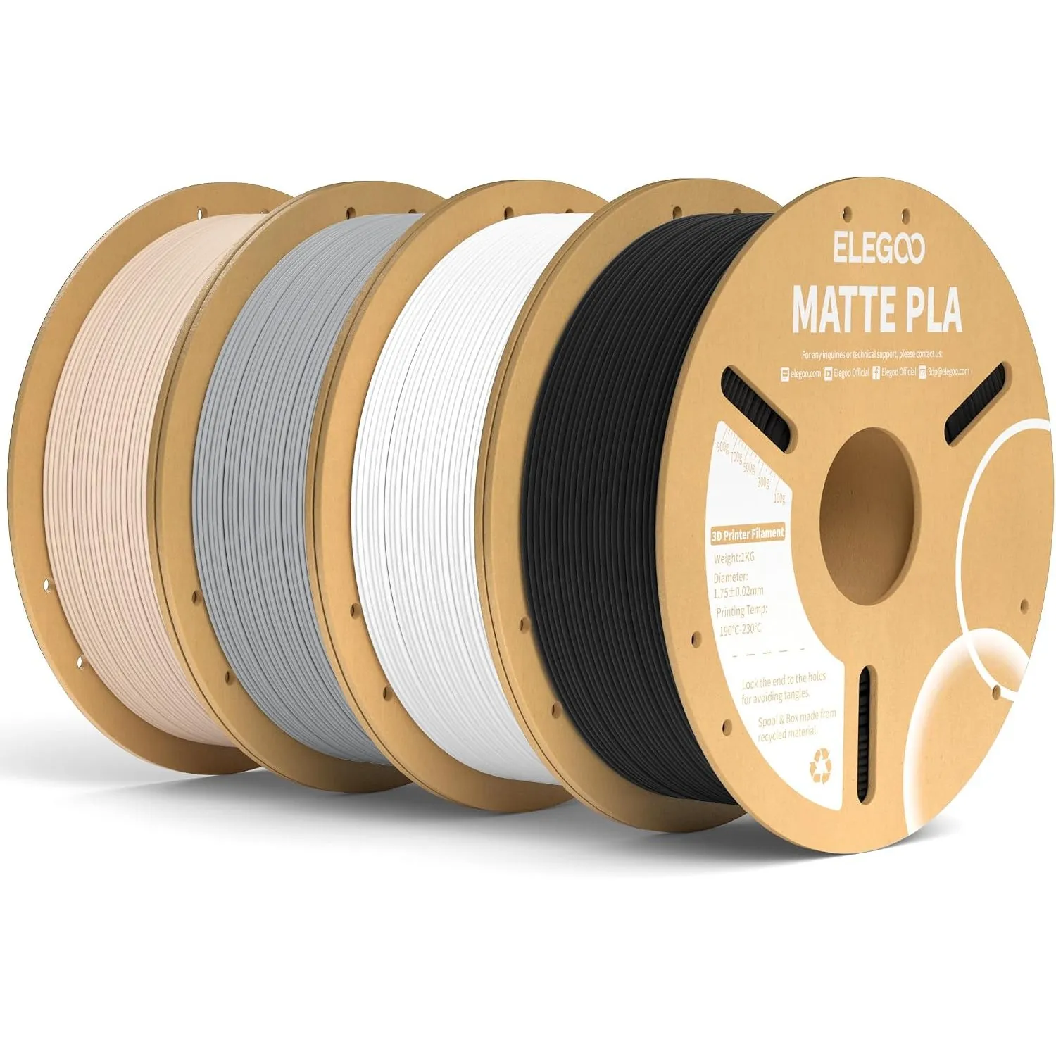 ELEGOO Matte PLA Filament 1.75mm Schwarz Weiß Schiefergrau Beige 4KG