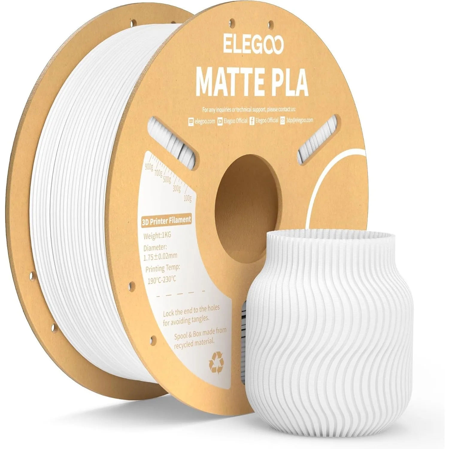 ELEGOO Matte PLA Filament Matte Weiß 1KG, 1.75mm 3D Drucker Filament Maßgenauigkeit +/- 0.02mm, 1kg Kartonspule (2.2lbs…