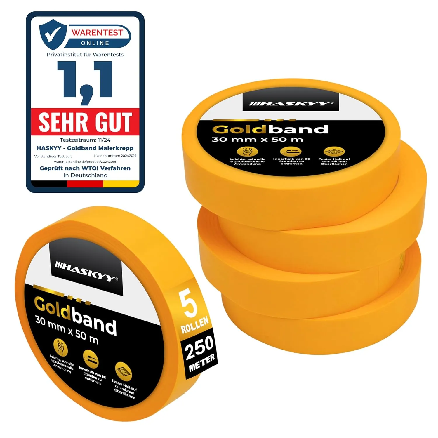 HASKYY Goldband Malerkrepp Kreppband 5x Malerband 30mm x 50m Profi Abdeckband Malertape Klebeband Washi Tape Gold Papie…