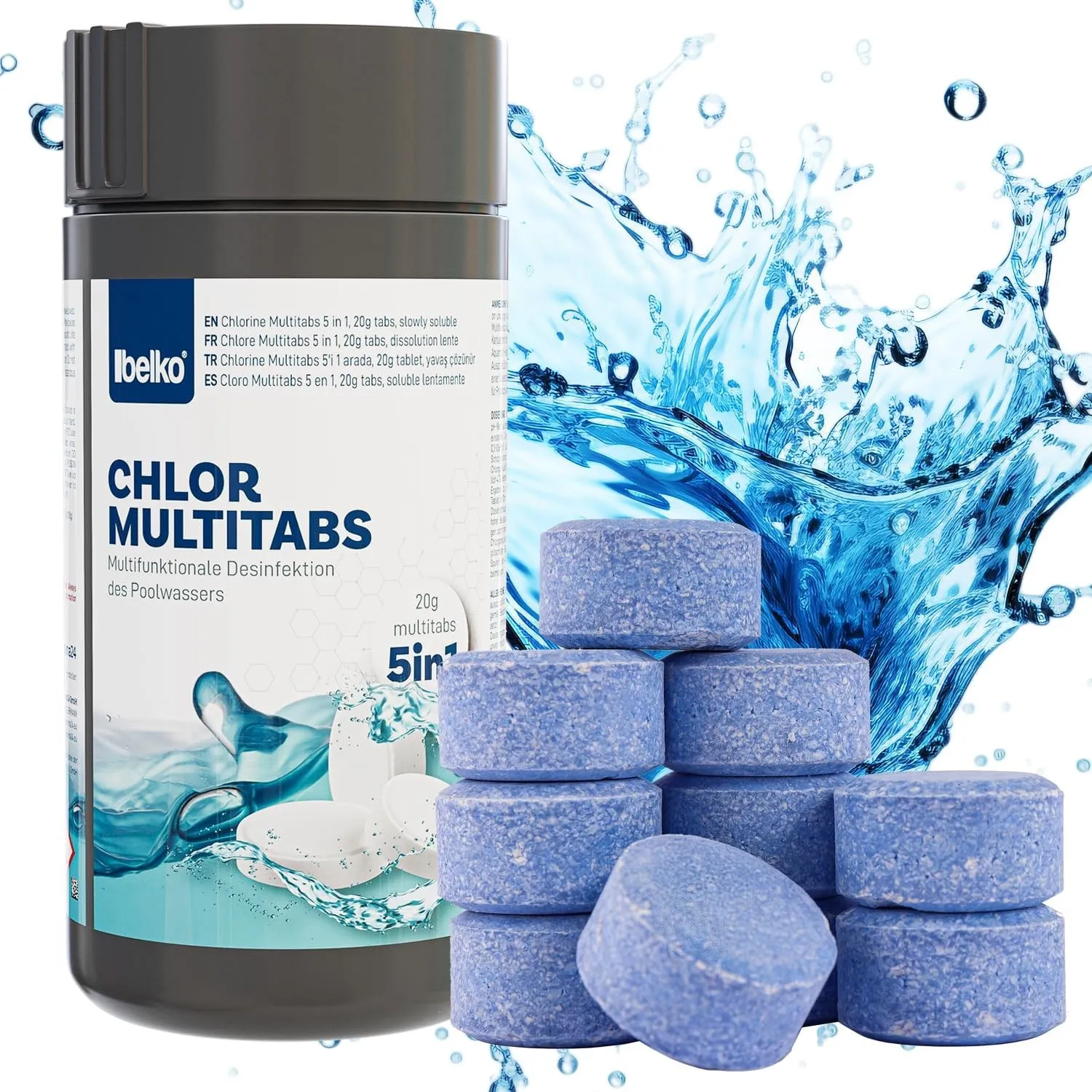 Belko® Chlor MultiTabs 5 in 1, 20 g Multifunktionstablette, langsamlöslich Langzeitdesinfektion Algenvernichtung Trübun…