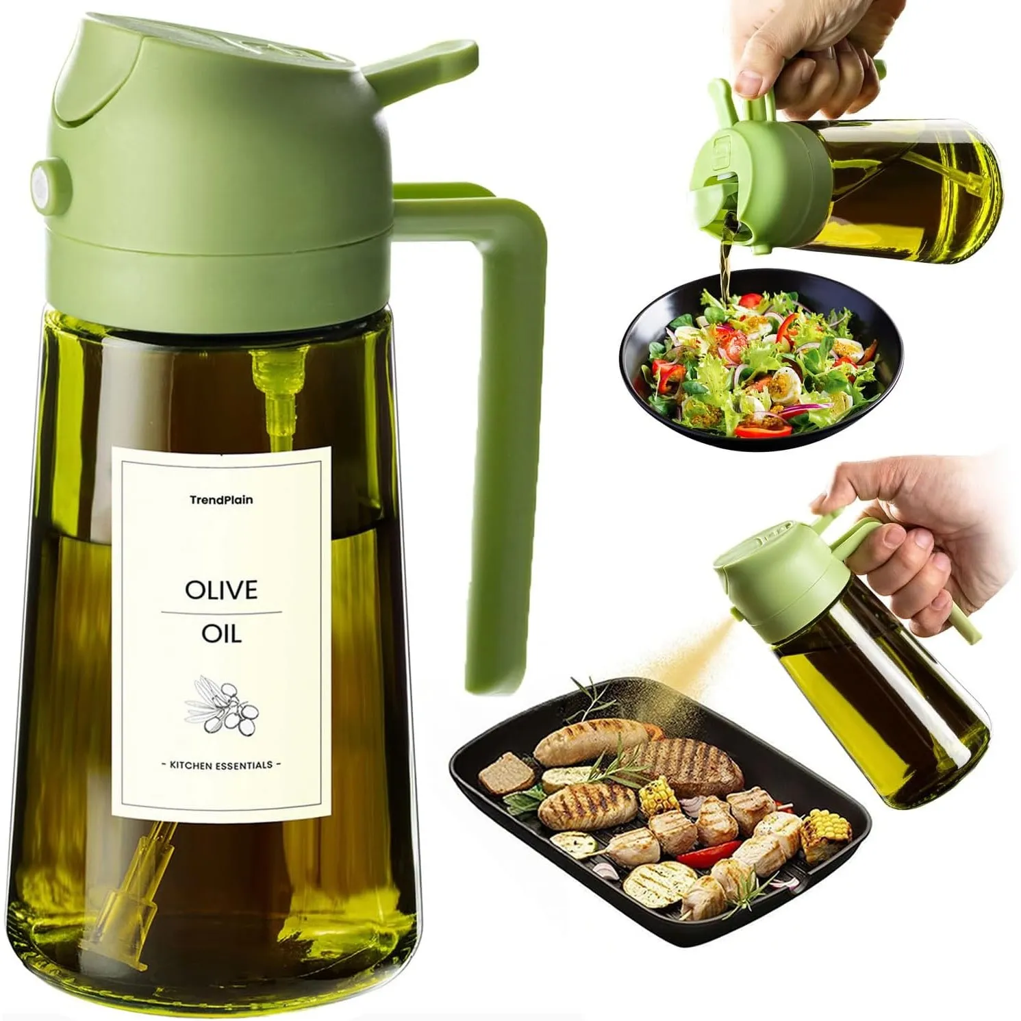 TrendPlain 16oz Ölsprüher für Speiseöl – 470ml Olivenöl Flasche – 2-in-1 Ölspender und Ölsprüher – Küchen Gadgets für K…
