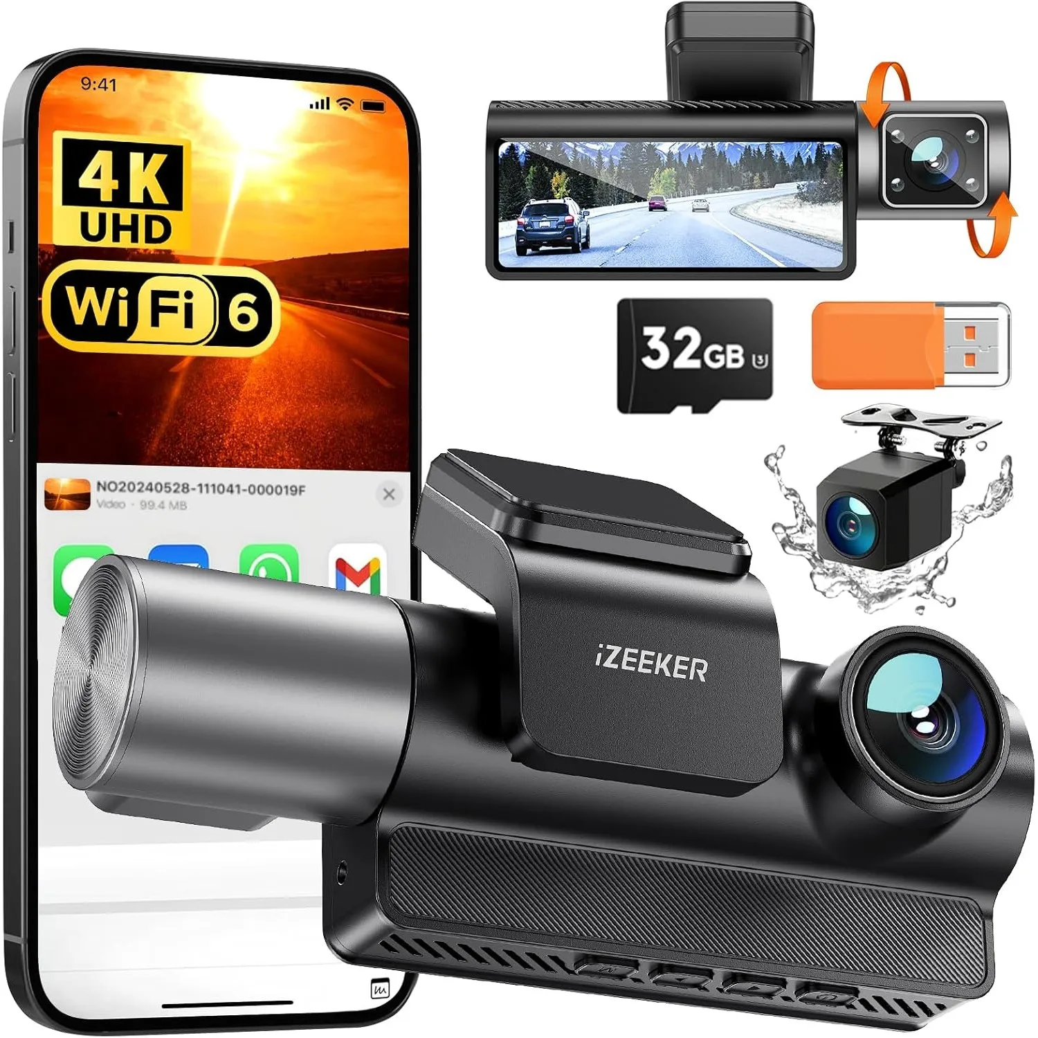 iZEEKER 3-Kanal 4K Dashcam Auto Mit Kostenloser 32 GB Karte, 4K+1080P+1080P Vorne Hinten Innen Dash Cam Mit WDR, IR Nac…