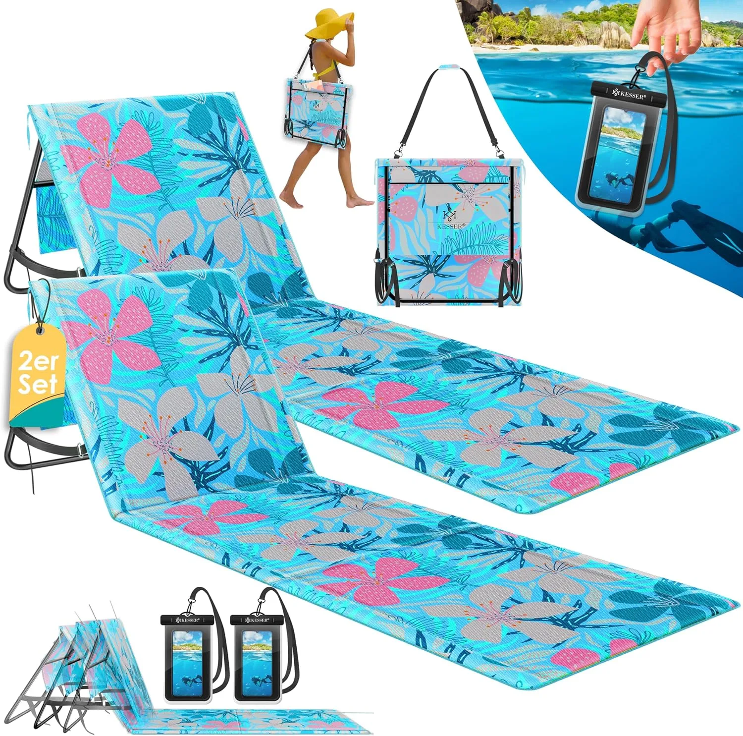 Kesser® Beach Mat Set of 2, Folding, with Adjustable Backrest, Beach Lounger, Foldable with Carry Strap, Waterproof Mob…
