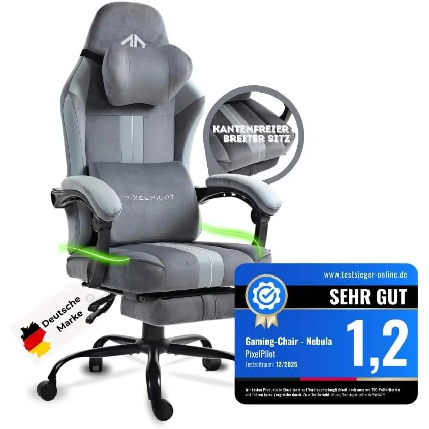 PixelPilot Gaming Stuhl Ergonomisch mit Fußstütze, Atmungsaktiver Stoff Gamer Stuhl, Bürostuhl mit Kopfstütze & Lendens…