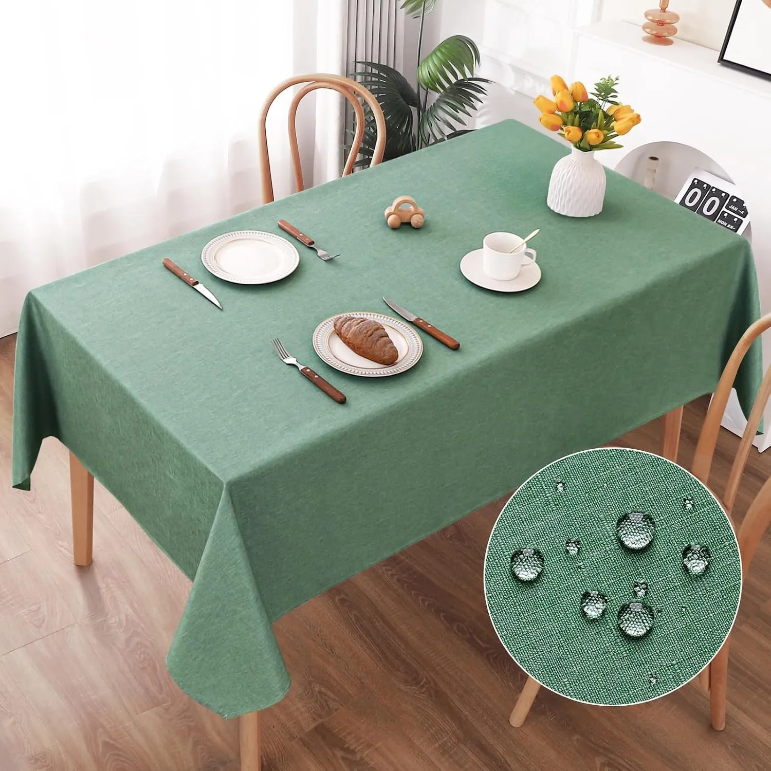 AooHome Tischdecke Abwaschbar, Grün Tischdecken 140x200cm Leinen-Optik Tischtuch aus Polyester Wasserabweisend mit Lotu…