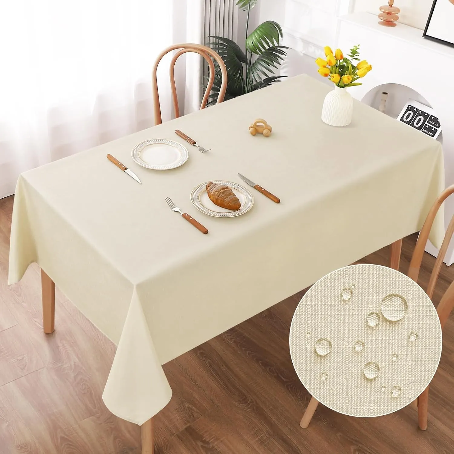 AooHome Tischdecke Abwaschbar, Beige Tischdecken 140x200cm Leinen-Optik Tischtuch aus Polyester Wasserabweisend mit Lot…
