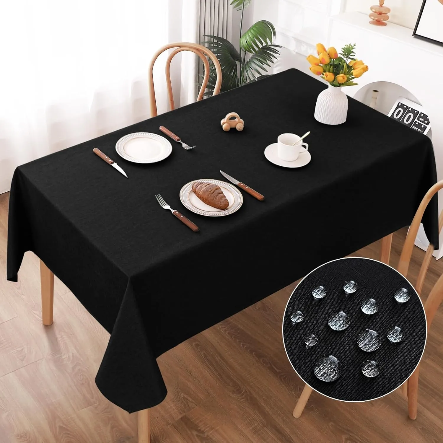 AooHome Tischdecke Abwaschbar, Schwarz Tischdecken 140x200cm Leinen-Optik Tischtuch aus Polyester Wasserabweisend mit L…