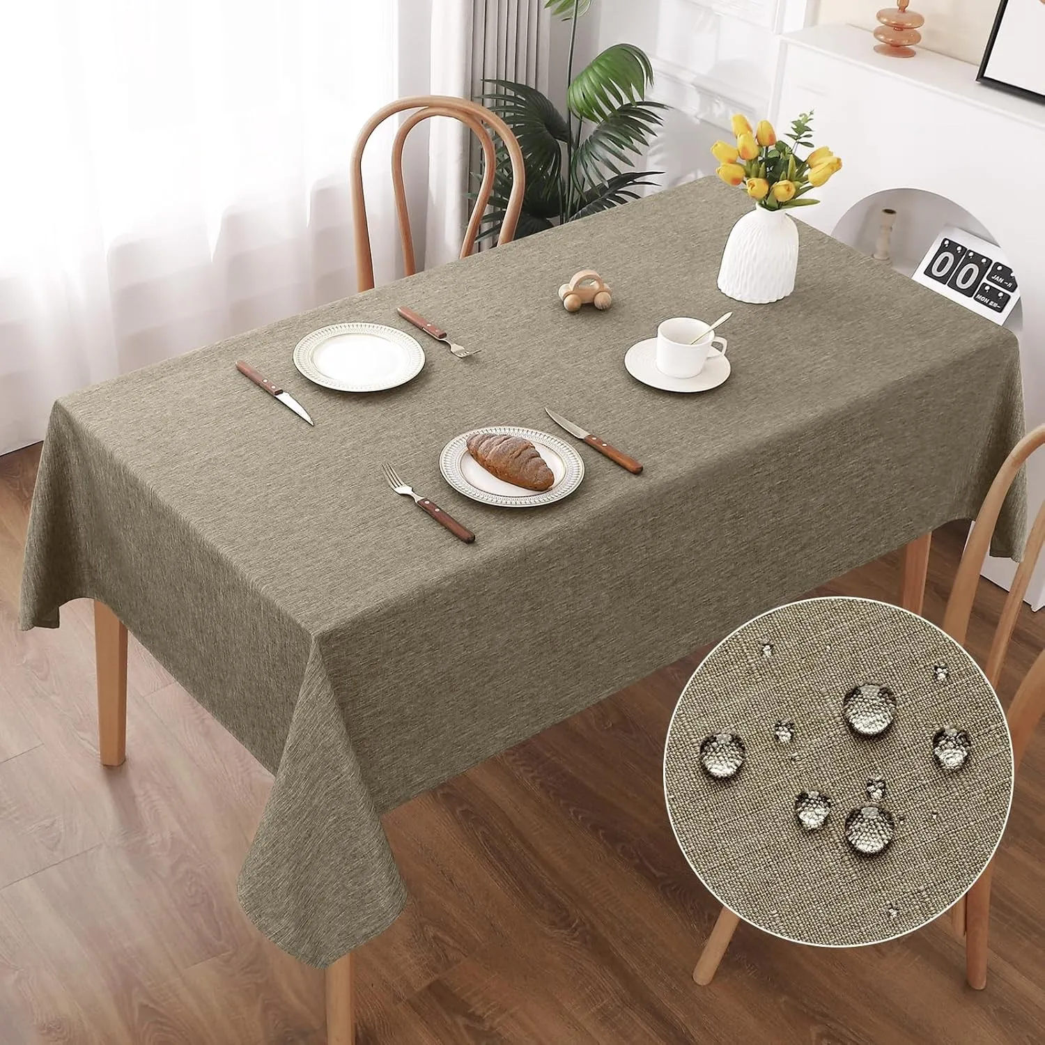 AooHome Tischdecke Abwaschbar, Kaffee Braun Tischdecken 135x180cm Leinen-Optik Tischtuch aus Polyester Wasserabweisend …