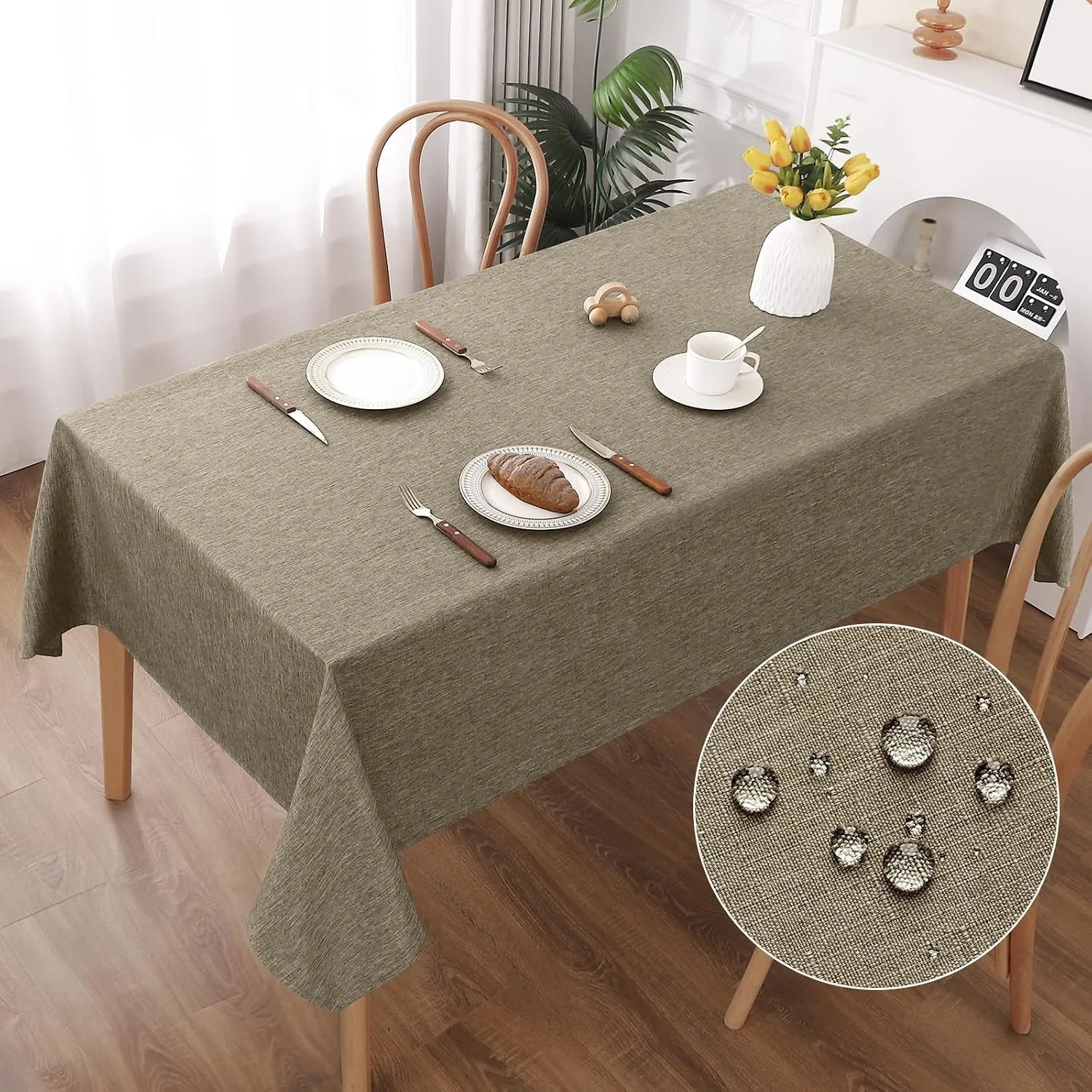 AooHome Tischdecke Abwaschbar, Kaffee Braun Tischdecken 140x200cm Leinen-Optik Tischtuch aus Polyester Wasserabweisend …
