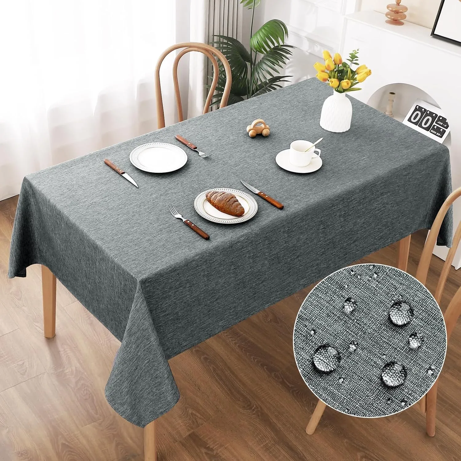 AooHome Tischdecke Abwaschbar, Grau Tischdecken 130x160cm Leinen-Optik Tischtuch aus Polyester Wasserabweisend mit Lotu…