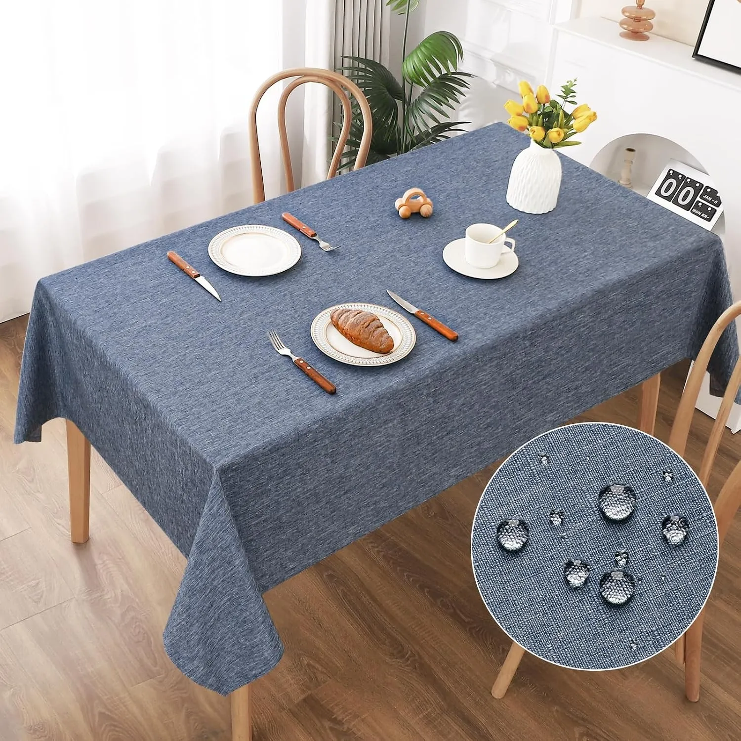 AooHome Tischdecke Abwaschbar, Blau Tischdecken 130x160cm Leinen-Optik Tischtuch aus Polyester Wasserabweisend mit Lotu…