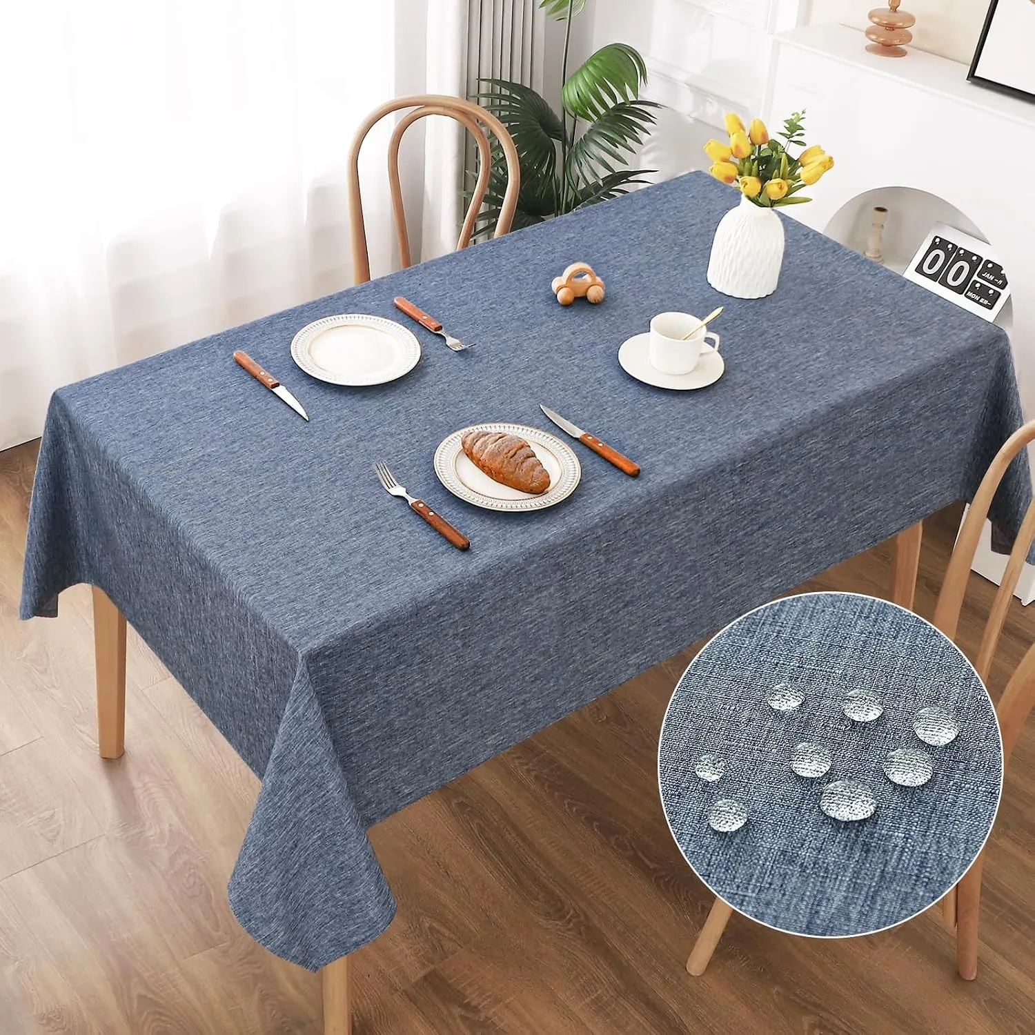 AooHome Tischdecke Abwaschbar, Blau Tischdecken 140x240cm Leinen-Optik Tischtuch aus Polyester Wasserabweisend mit Lotu…